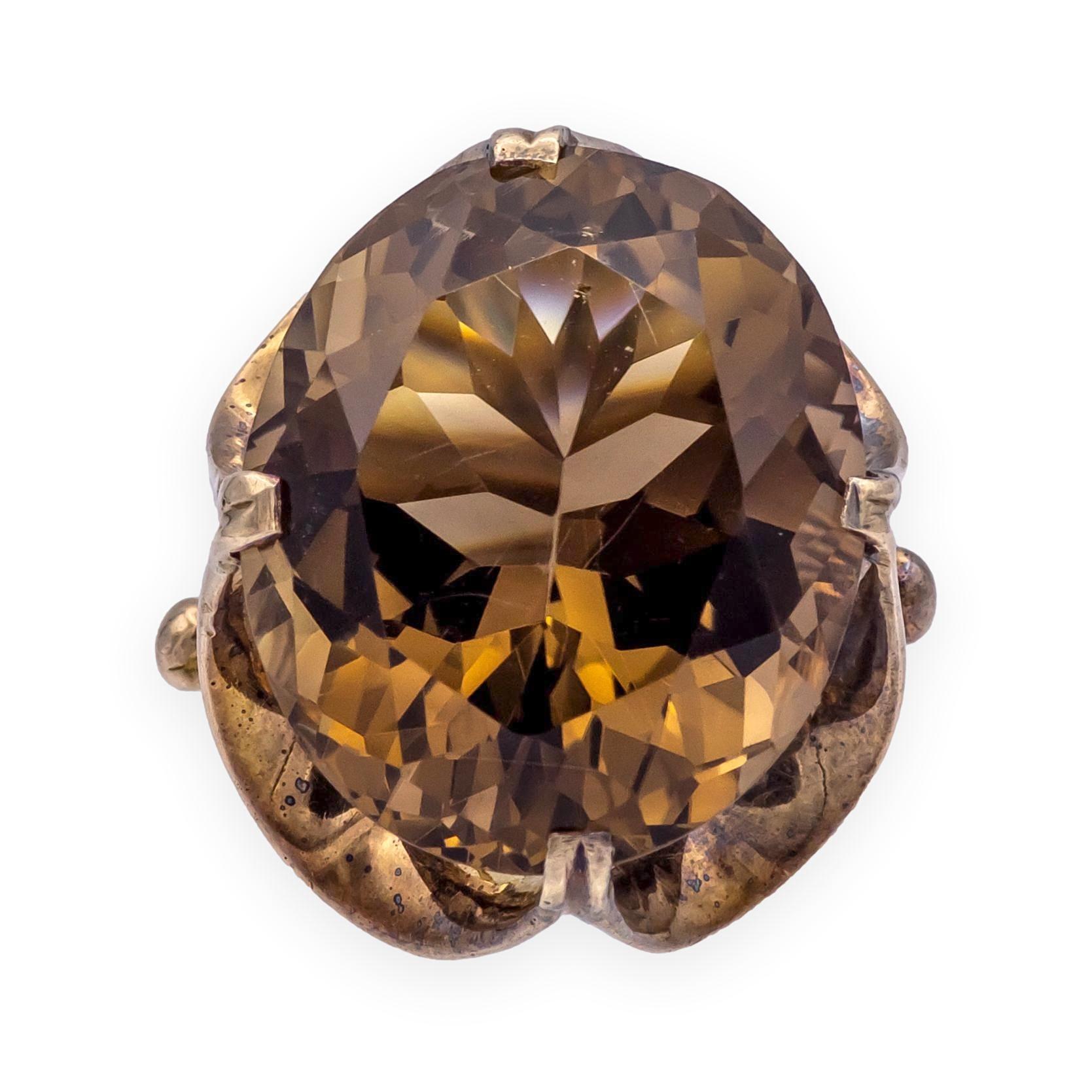 Vintage Mid-Century 9K Gold Rauchquarz Statement Ring (Ovalschliff) im Angebot