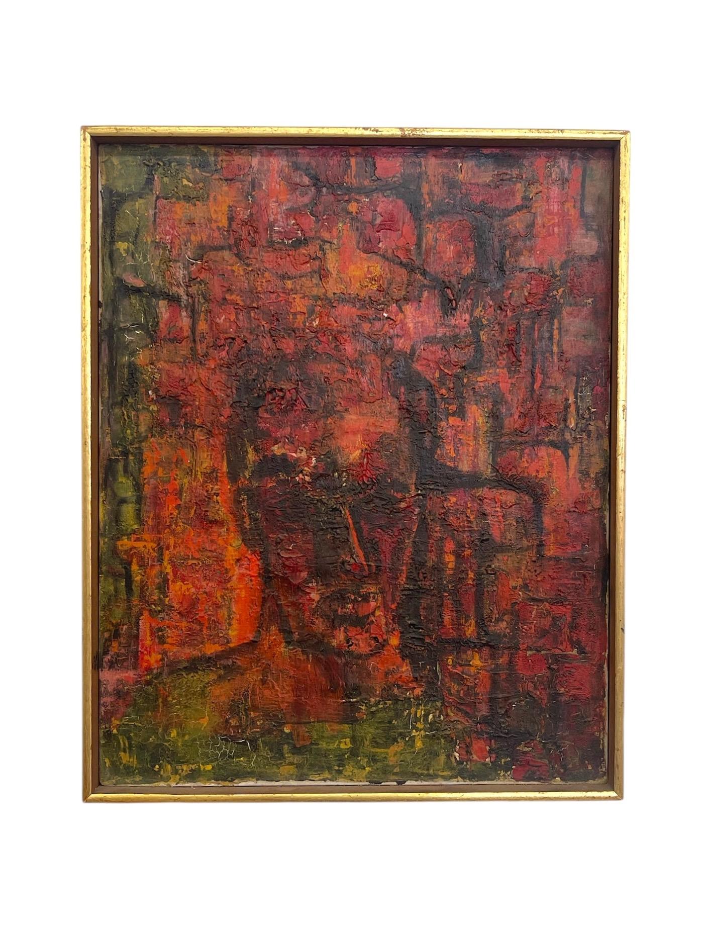 Vintage abstract expressionist portrait on canvas, featuring a stylized human face emerging from layers of intense red, orange, black, and yellow tones. The surface is heavily textured, with thick impasto-like application that gives the work a
