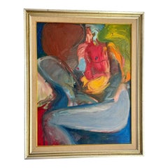 Peinture à l'huile vintage du milieu du siècle représentant un nu abstrait sur toile