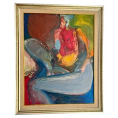 Peinture à l'huile vintage du milieu du siècle représentant un nu abstrait sur toile