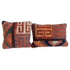 Vintage Mid Century Afghan Handloom Kilim Pillow Cases, Set of Two