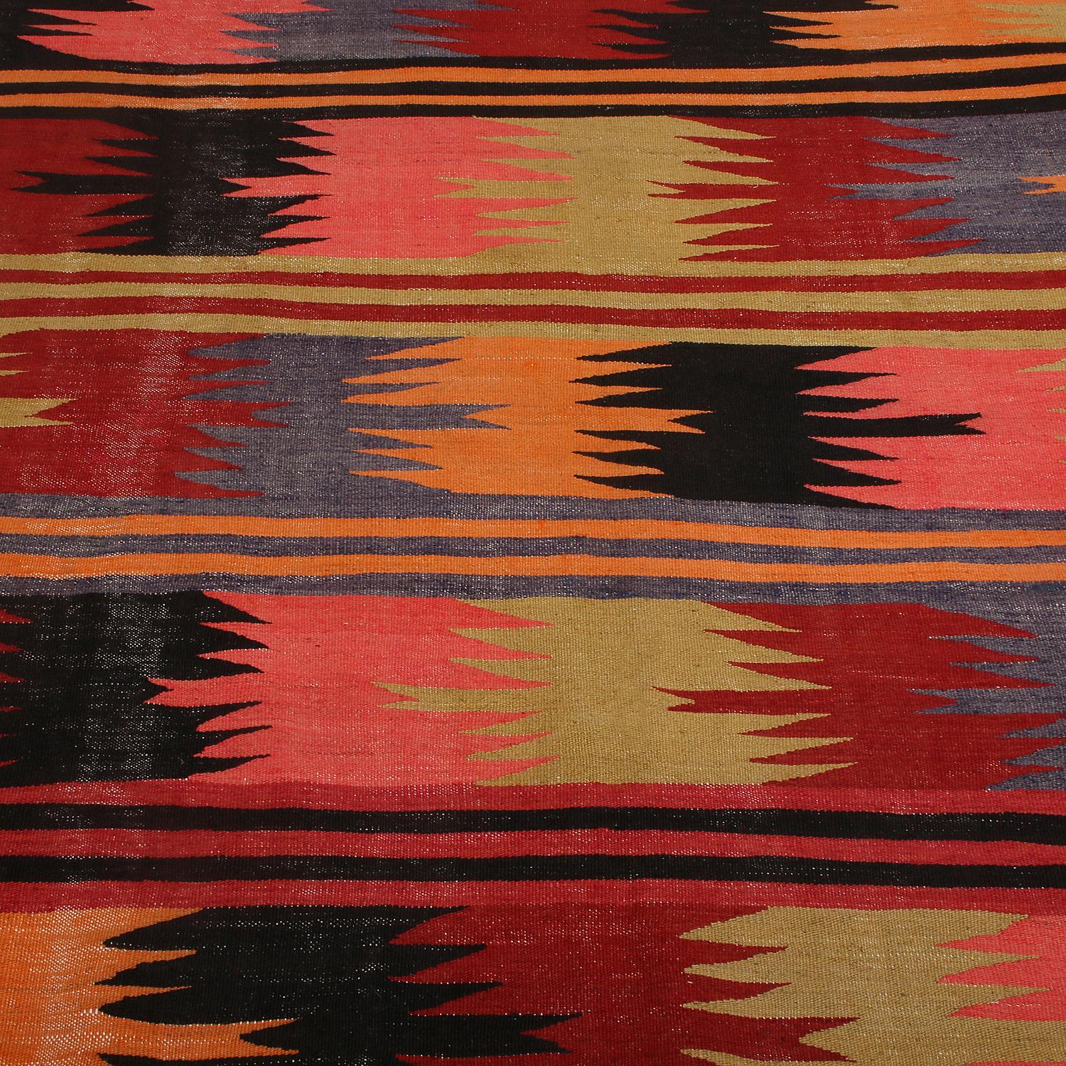 Turkish Vintage Midcentury Afyon Geometric Multicolor Wool Kilim Rug