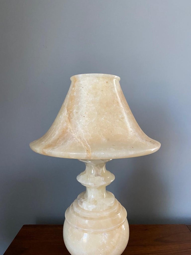 Grande Lampe De Table En Albâtre Des Années 70 Avec Abat-jour - Style Héritage