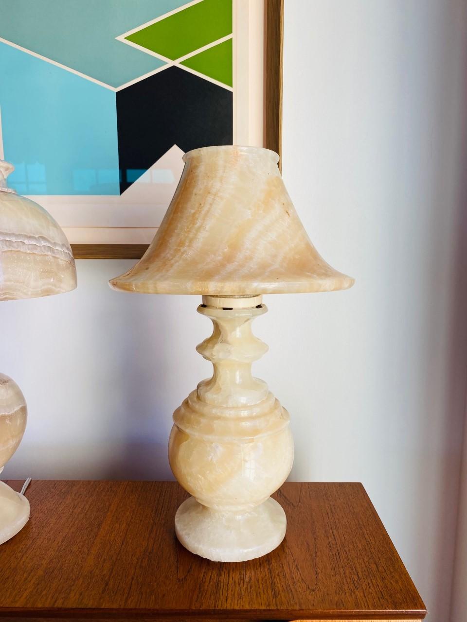 Carved Vintage Mid-Century Alabaster Lamp with Alabaster Shade For Sale