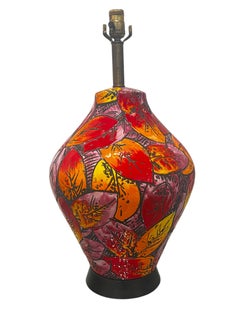 Vintage Mid-Century Alvino Bagni Ceramic Orange Red Floral Table Lamp