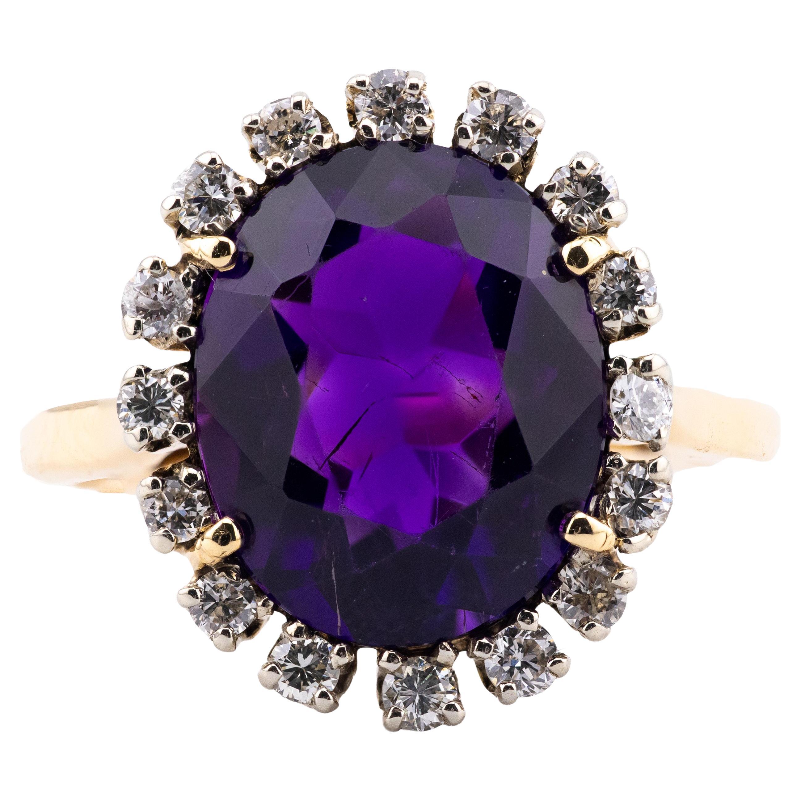 Anello aureola con ametista e diamante vintage di metà secolo in oro 18 carati, platino