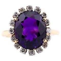 Vintage Mid Century Amethyst & Diamond Halo Ring in 18 Karat Gold, Platinum
