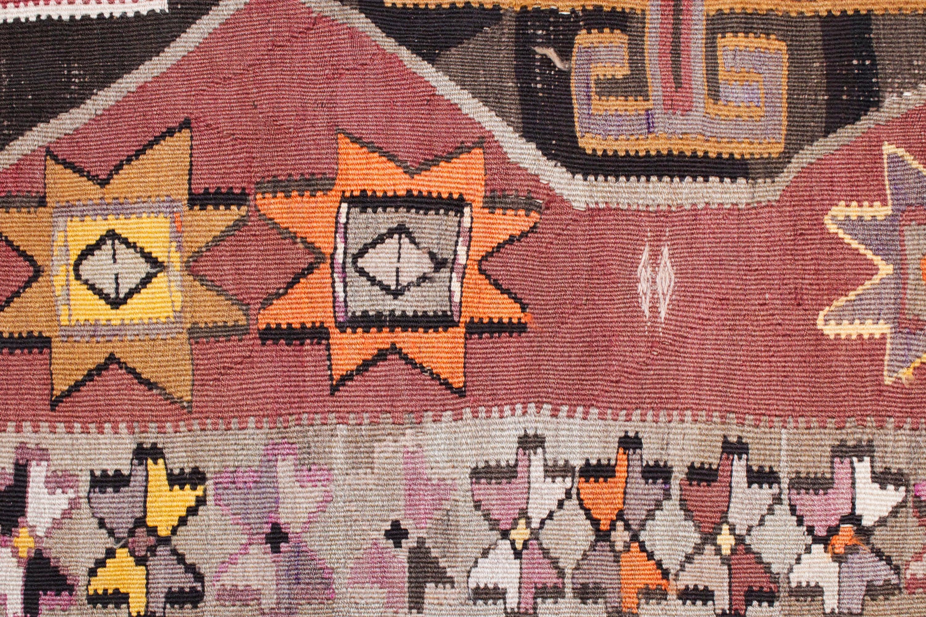 20th Century Vintage Mid-Century Anatolian Gallery Size Kars Kilim Rug For Sale