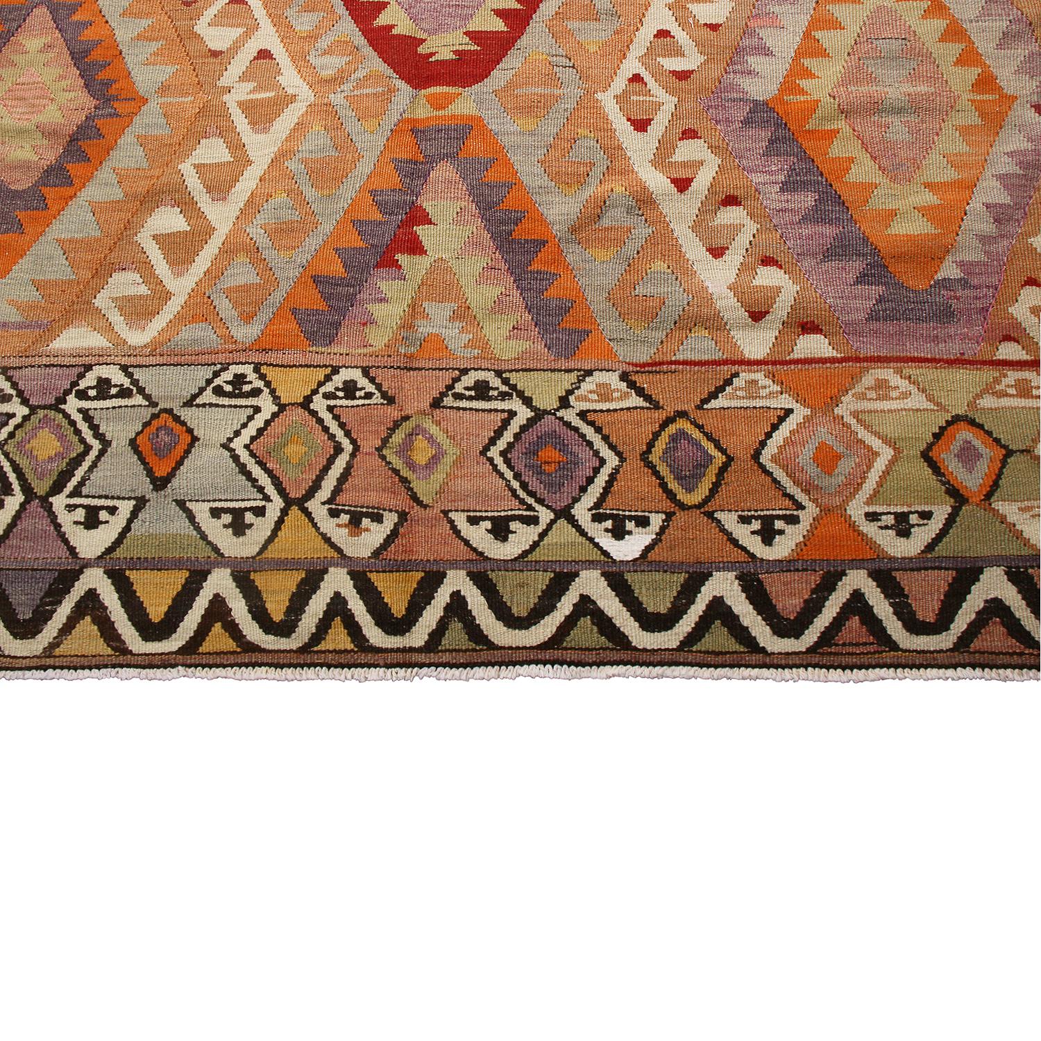 Hand-Woven Vintage Midcentury Antalya Diamond Beige-Brown and Blue Wool Kilim Rug