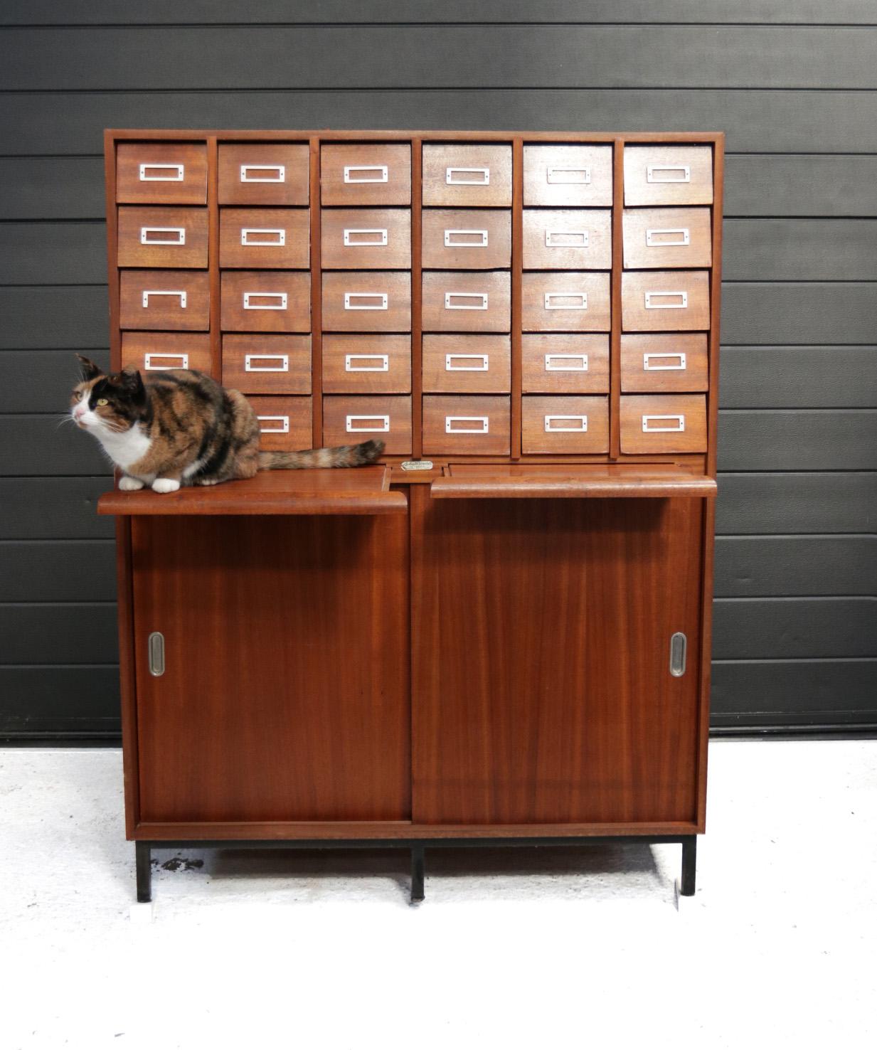 Rare Mid-Century Modern pharmacy cabinet with 30 drawers.
There are two pull-out shelves under the drawers.
At the bottom 2 sliding doors with 2 shelves behind them.
Very beautifully designed, partly made of teak wood veneer, partly of solid