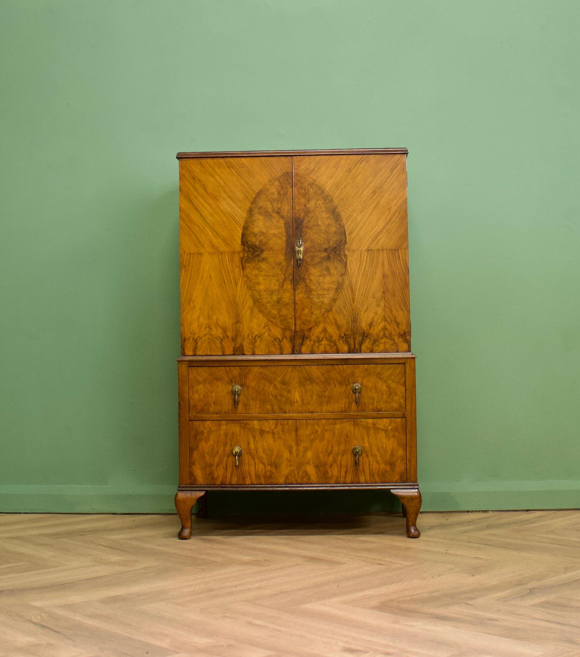 British Vintage Mid Century Art Deco Style Burr Walnut Tallboy / Linen Cabinet Press
