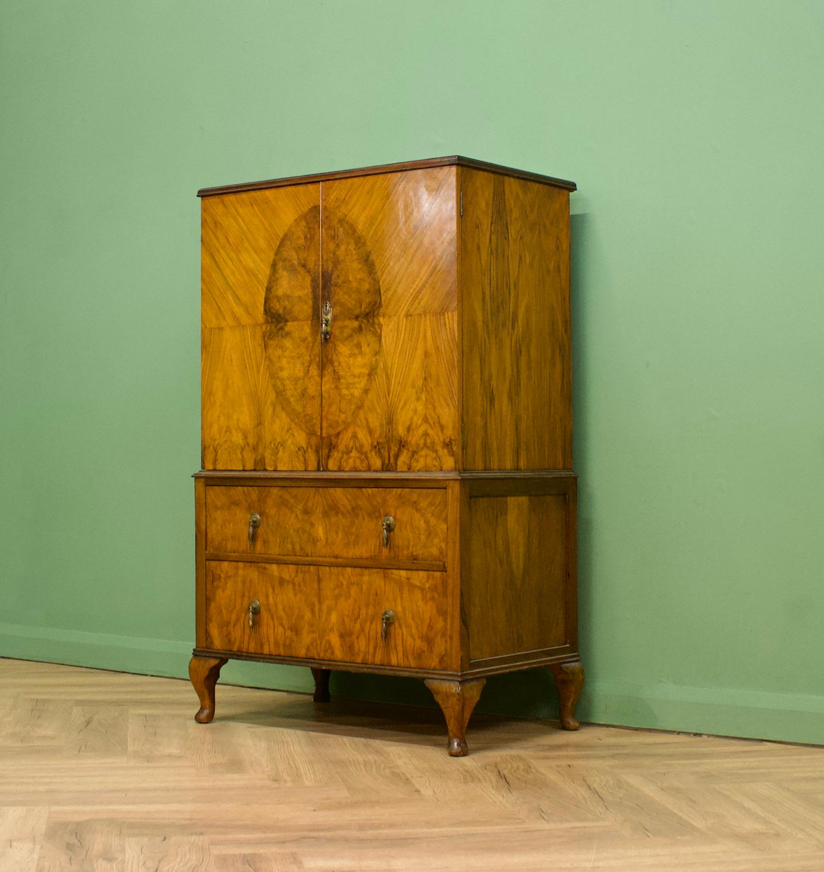 Woodwork Vintage Mid Century Art Deco Style Burr Walnut Tallboy / Linen Cabinet Press