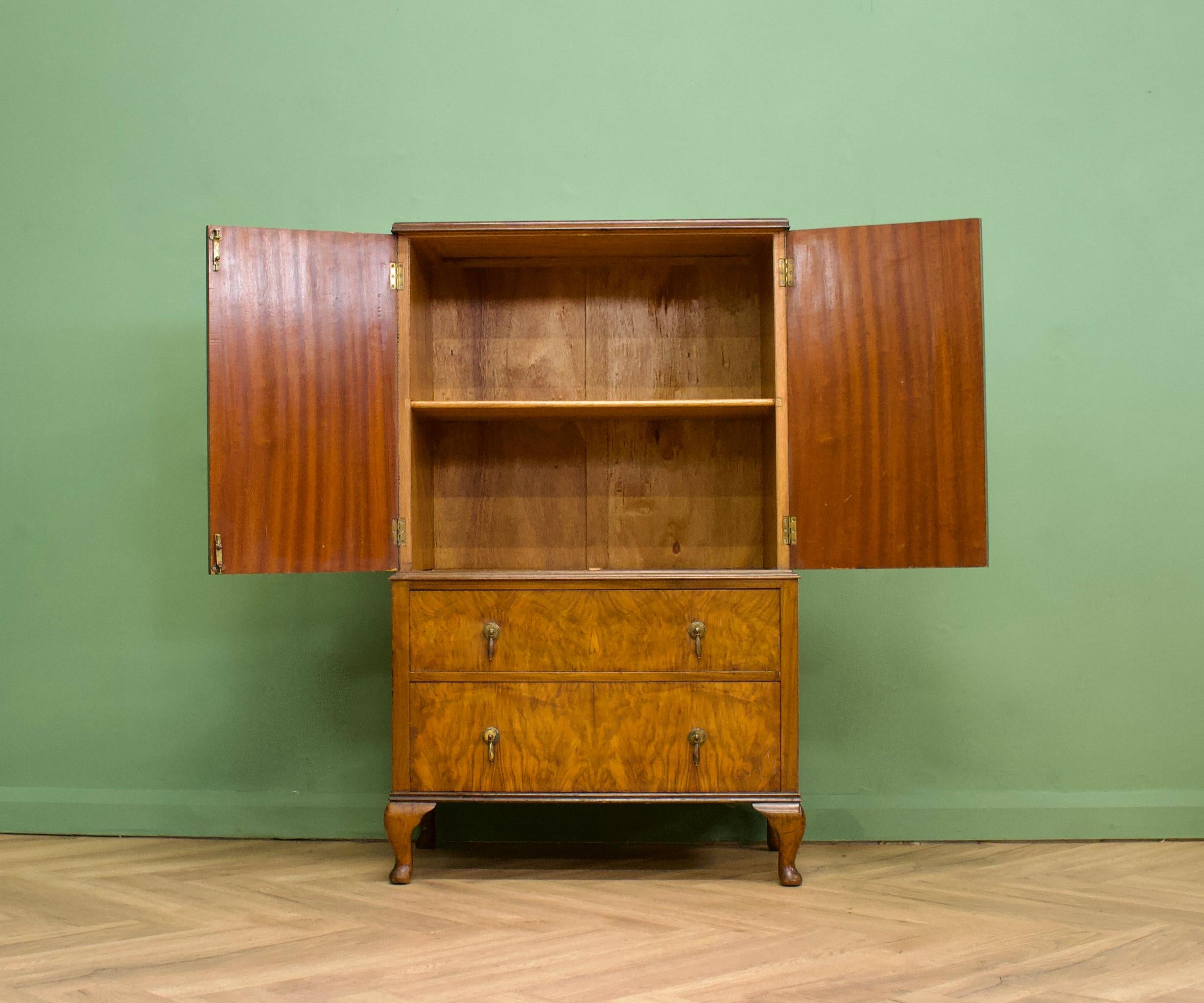 Vintage Mid Century Art Deco Style Burr Walnut Tallboy / Linen Cabinet Press In Good Condition In South Shields, GB