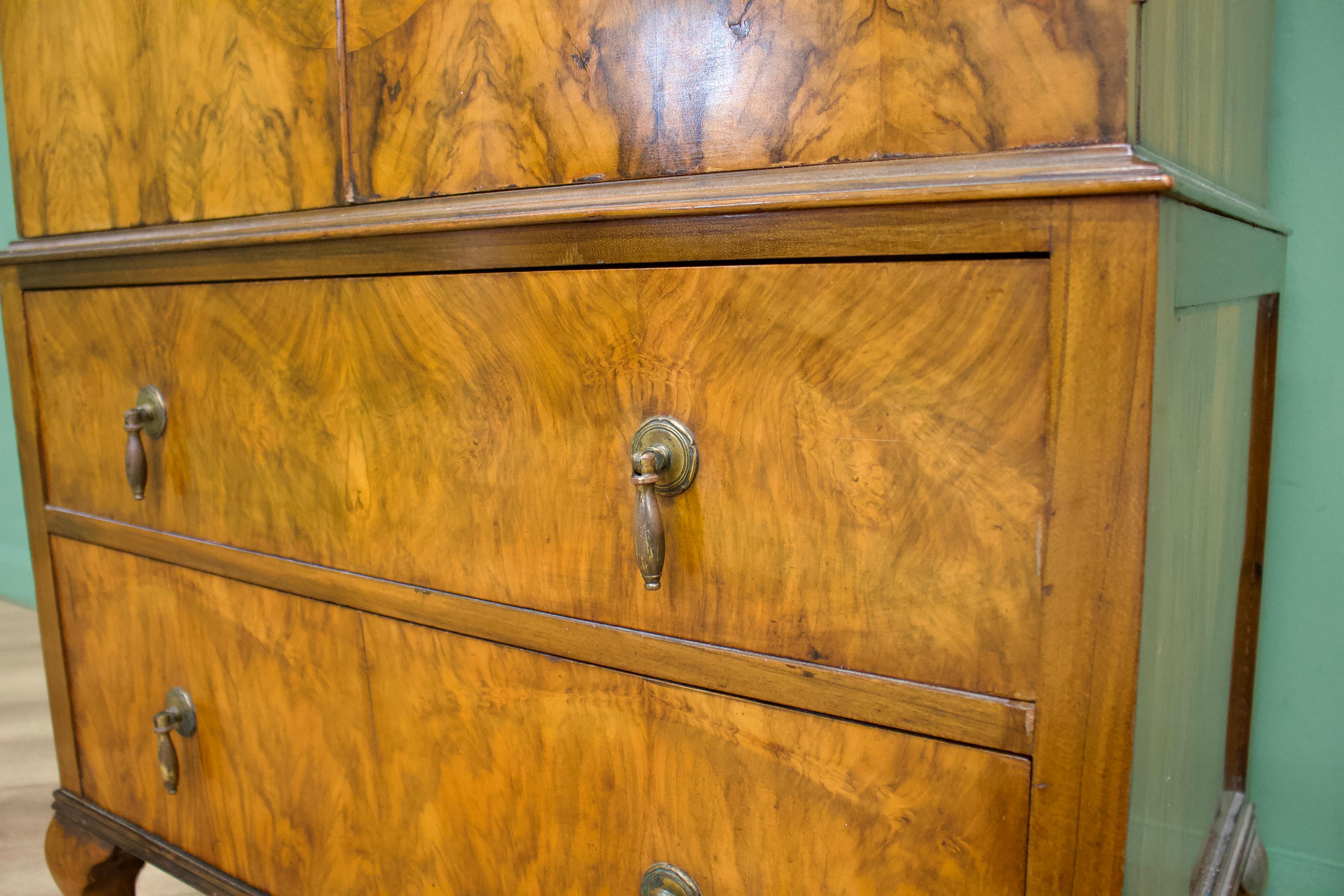 Wood Vintage Mid Century Art Deco Style Burr Walnut Tallboy / Linen Cabinet Press