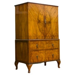 Vintage Mid Century Art Deco Style Burr Walnut Tallboy / Linen Cabinet Press