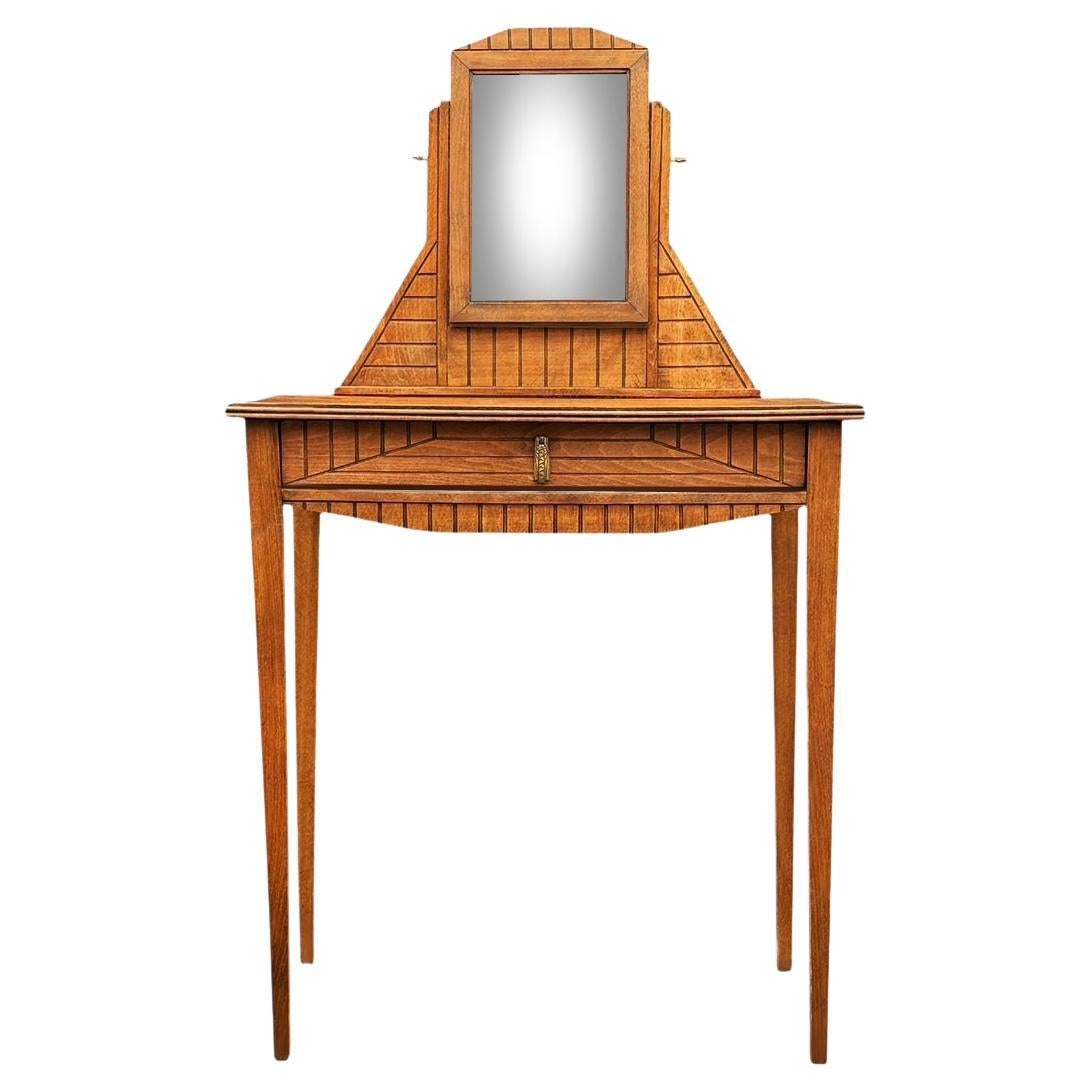 Vintage Mid Century Art Deco Vanity or Desk with Mirror in Pine For Sale