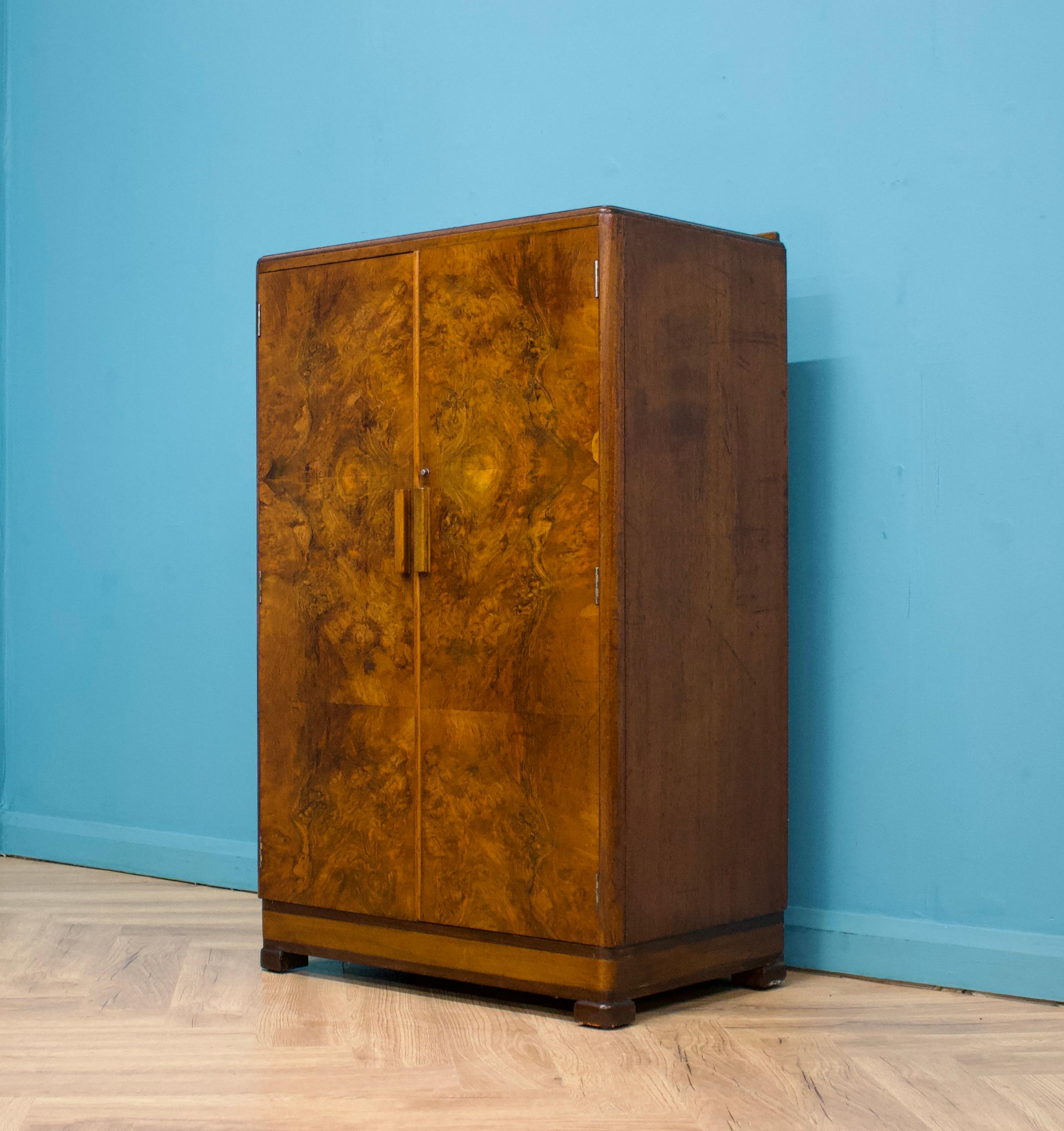 British Vintage Mid Century Art Deco Walnut Tallboy / Linen Cabinet Press