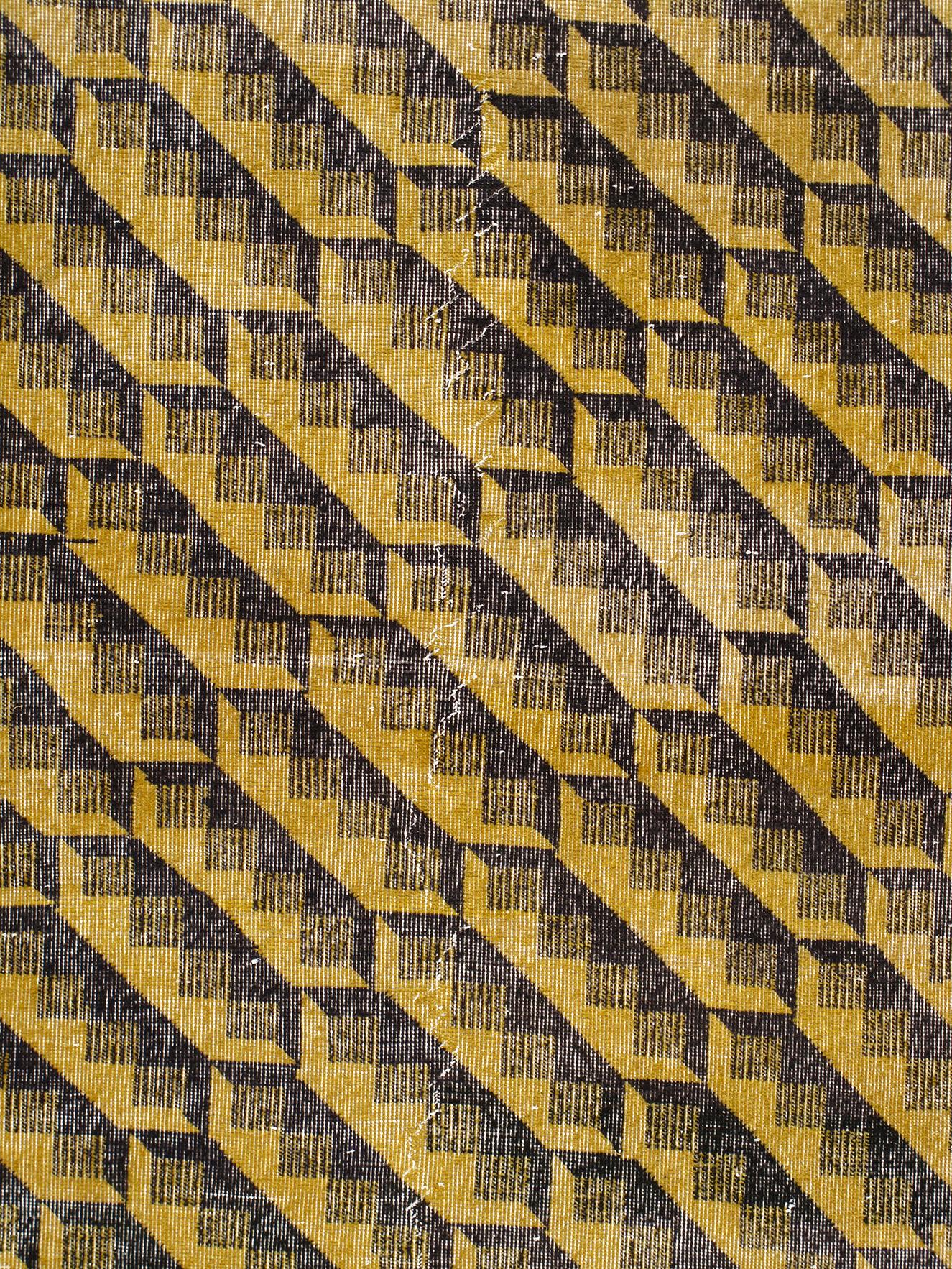 Dieser Vintage-Teppich im Art-Déco-Stil wurde um die Mitte des 20. Jahrhunderts in der Türkei handgefertigt. Es ist im Stil von Zeki Muren gehalten, einem multidisziplinären türkischen Künstler, der für seine kühnen, geometrischen und skurrilen