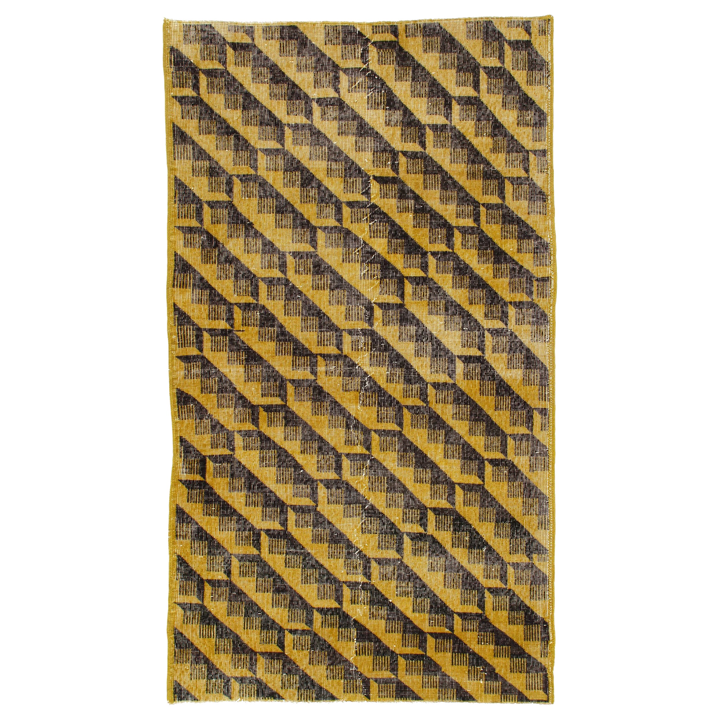 Tapis vintage Art Déco du milieu du siècle dernier en laine jaune et noire de style Zeki Muren/Bauhaus