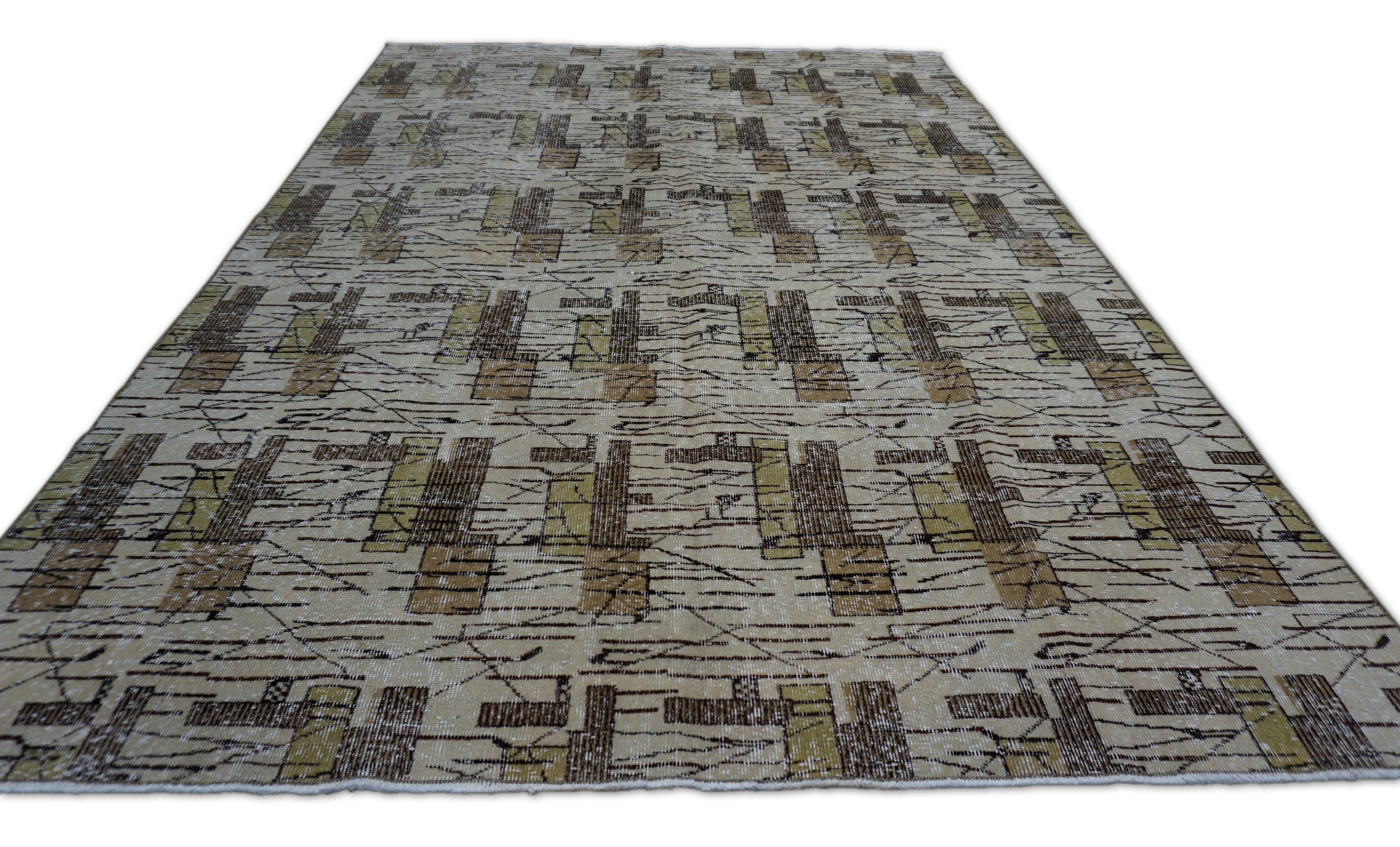 Vintage Mitte des Jahrhunderts Art Deco Zeki Muren Stil  Earthy Toned Wollteppich 6'6''x9'7'' (Moderne der Mitte des Jahrhunderts) im Angebot