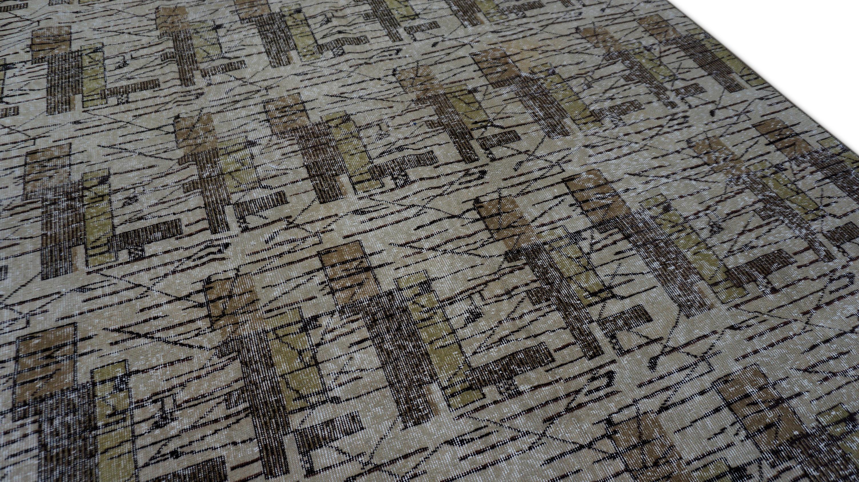 Vintage Mitte des Jahrhunderts Art Deco Zeki Muren Stil  Earthy Toned Wollteppich 6'6''x9'7'' (Handgeknüpft) im Angebot