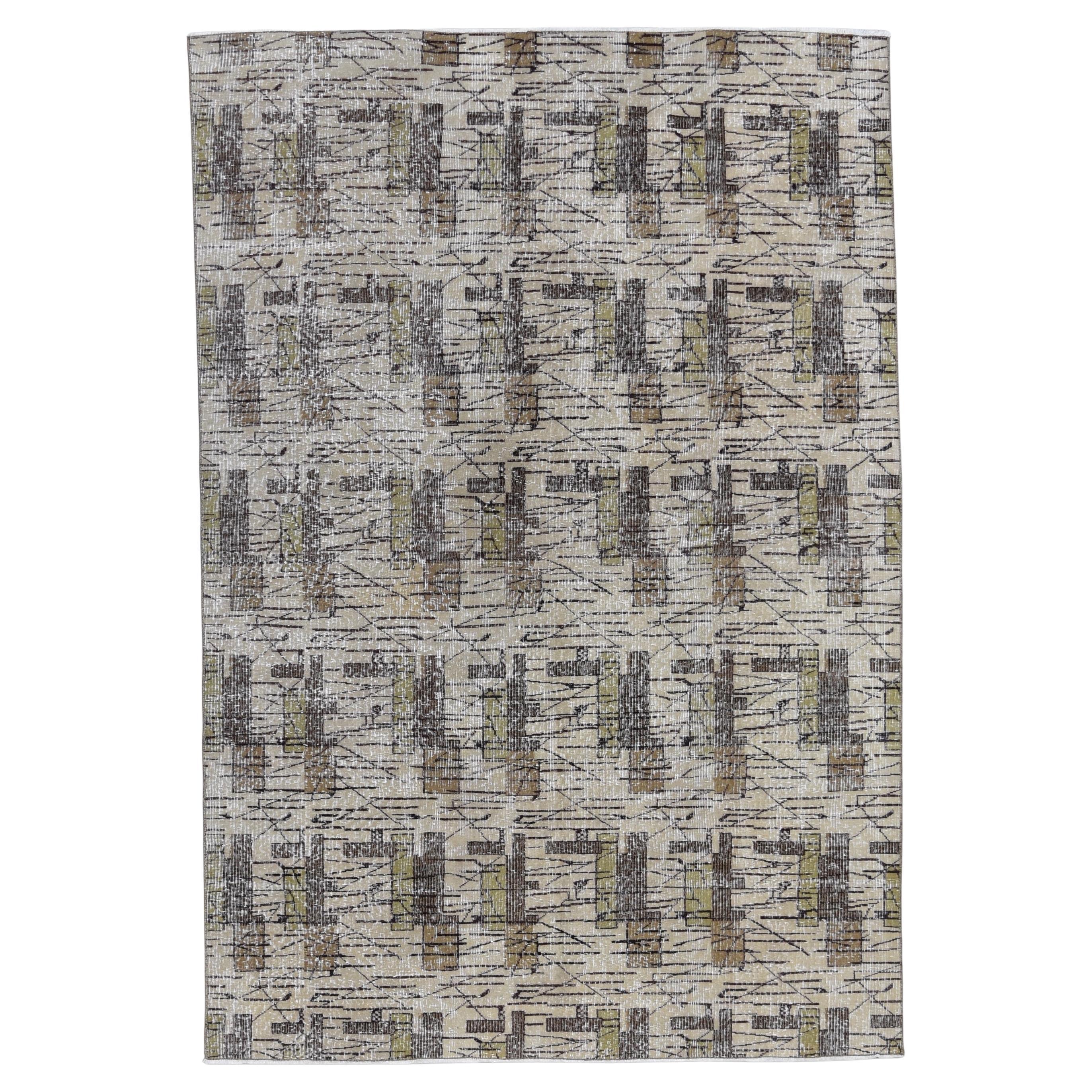 Vintage Mitte des Jahrhunderts Art Deco Zeki Muren Stil  Earthy Toned Wollteppich 6'6''x9'7''