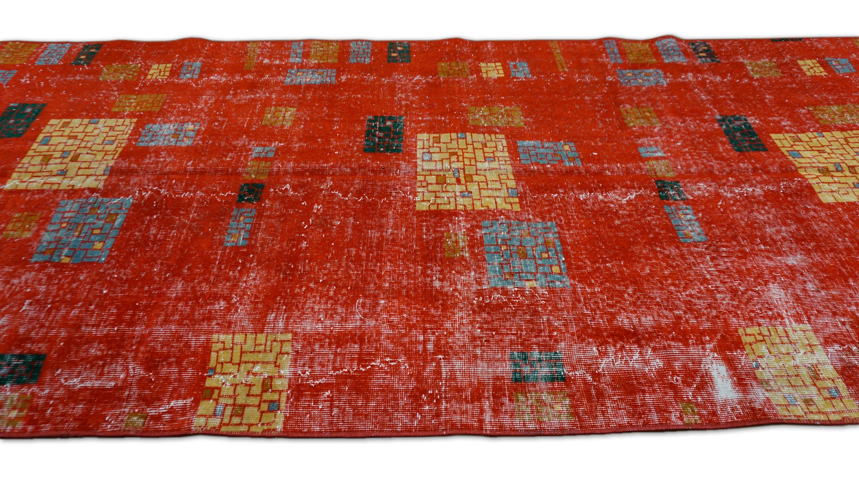 Mid-Century Modern Vintage Mid-Century Art Deco Zeki Muren Style  Red Wool Rug 4'4''x9'9'' For Sale
