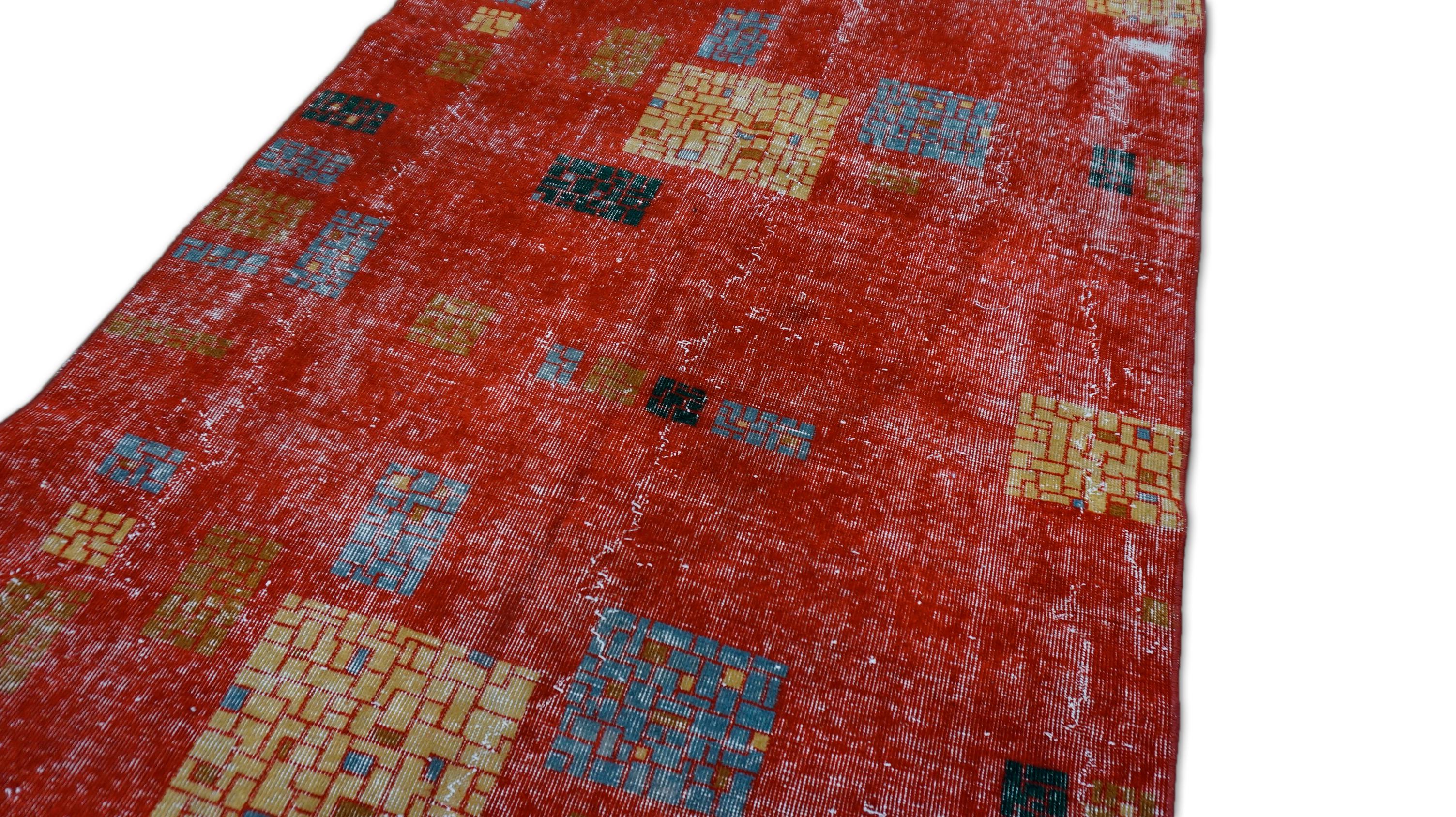 Turkish Vintage Mid-Century Art Deco Zeki Muren Style  Red Wool Rug 4'4''x9'9'' For Sale