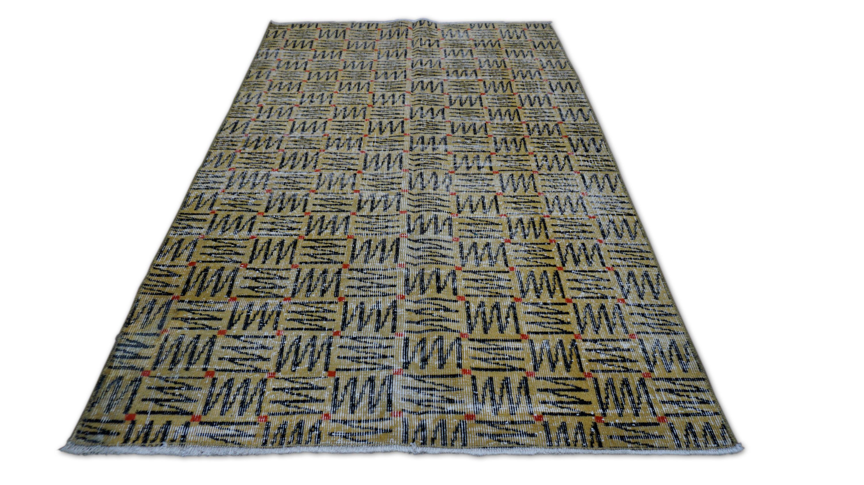 Vintage Mid-Century Art Deco Zeki Muren Stil Wollteppich 3'11''x6'4'' (Handgeknüpft) im Angebot