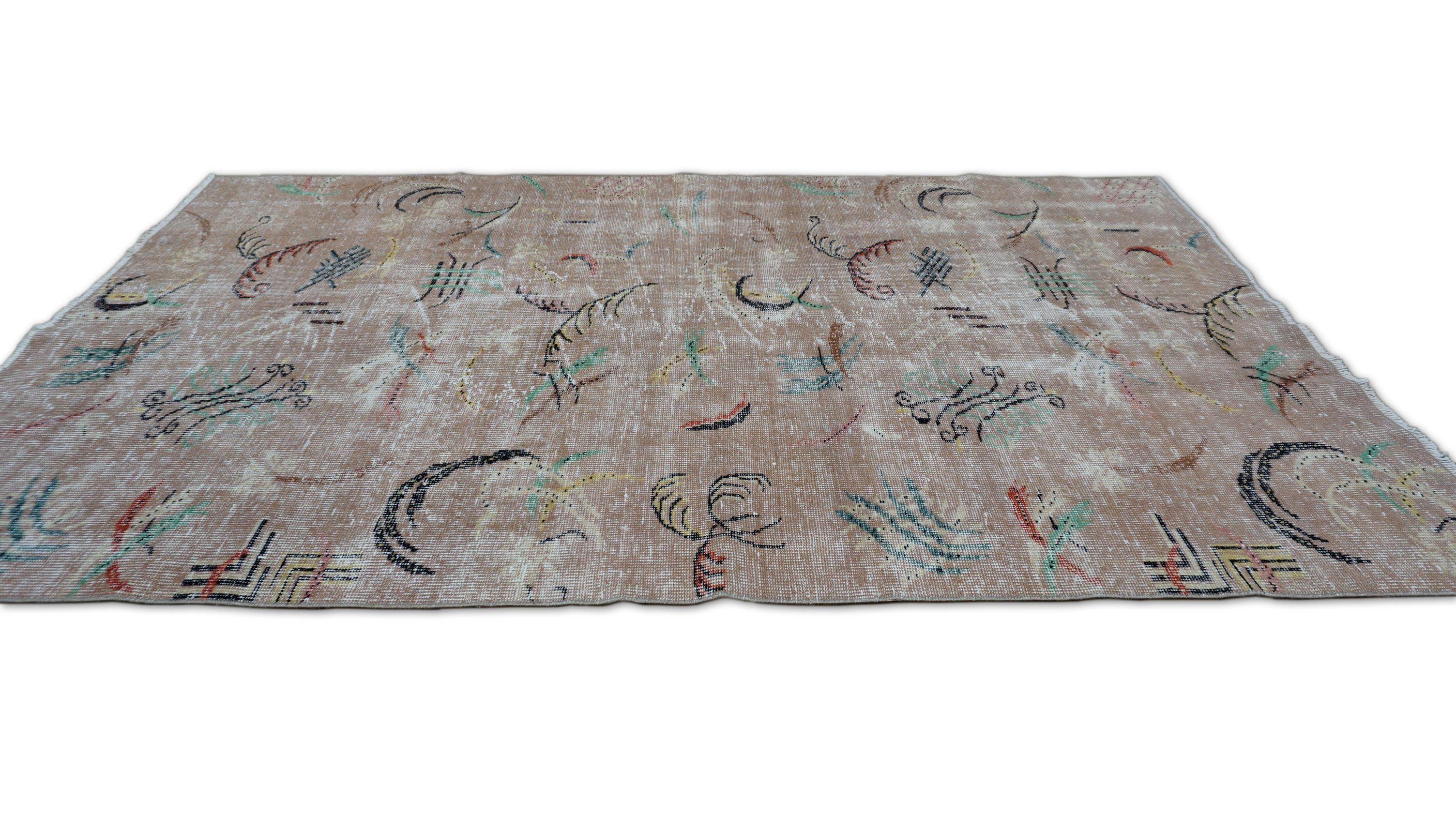 Turkish Vintage Mid-Century Art Deco Zeki Muren Style Wool Rug 5'2''x8'3'' For Sale