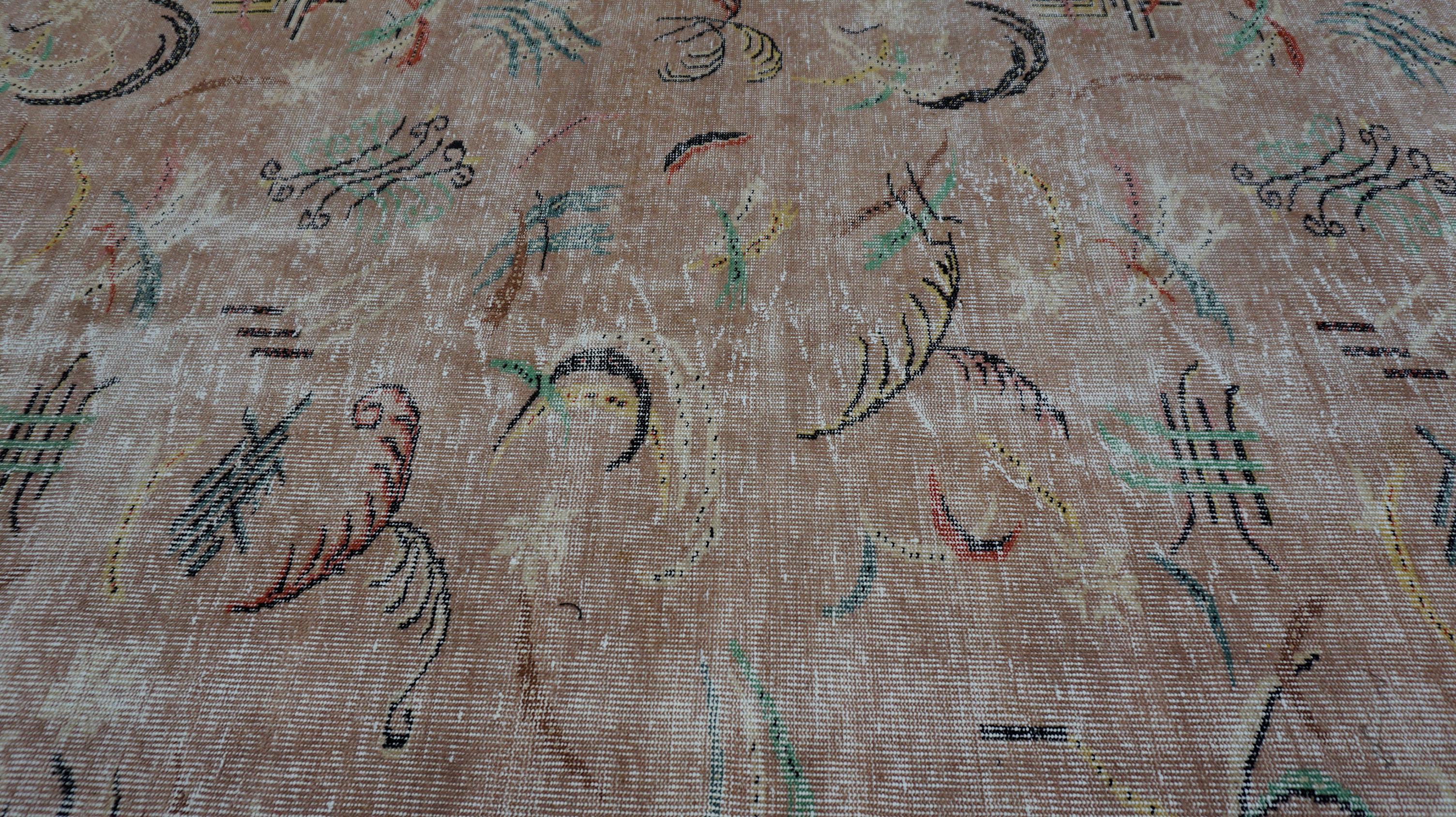 Hand-Knotted Vintage Mid-Century Art Deco Zeki Muren Style Wool Rug 5'2''x8'3'' For Sale