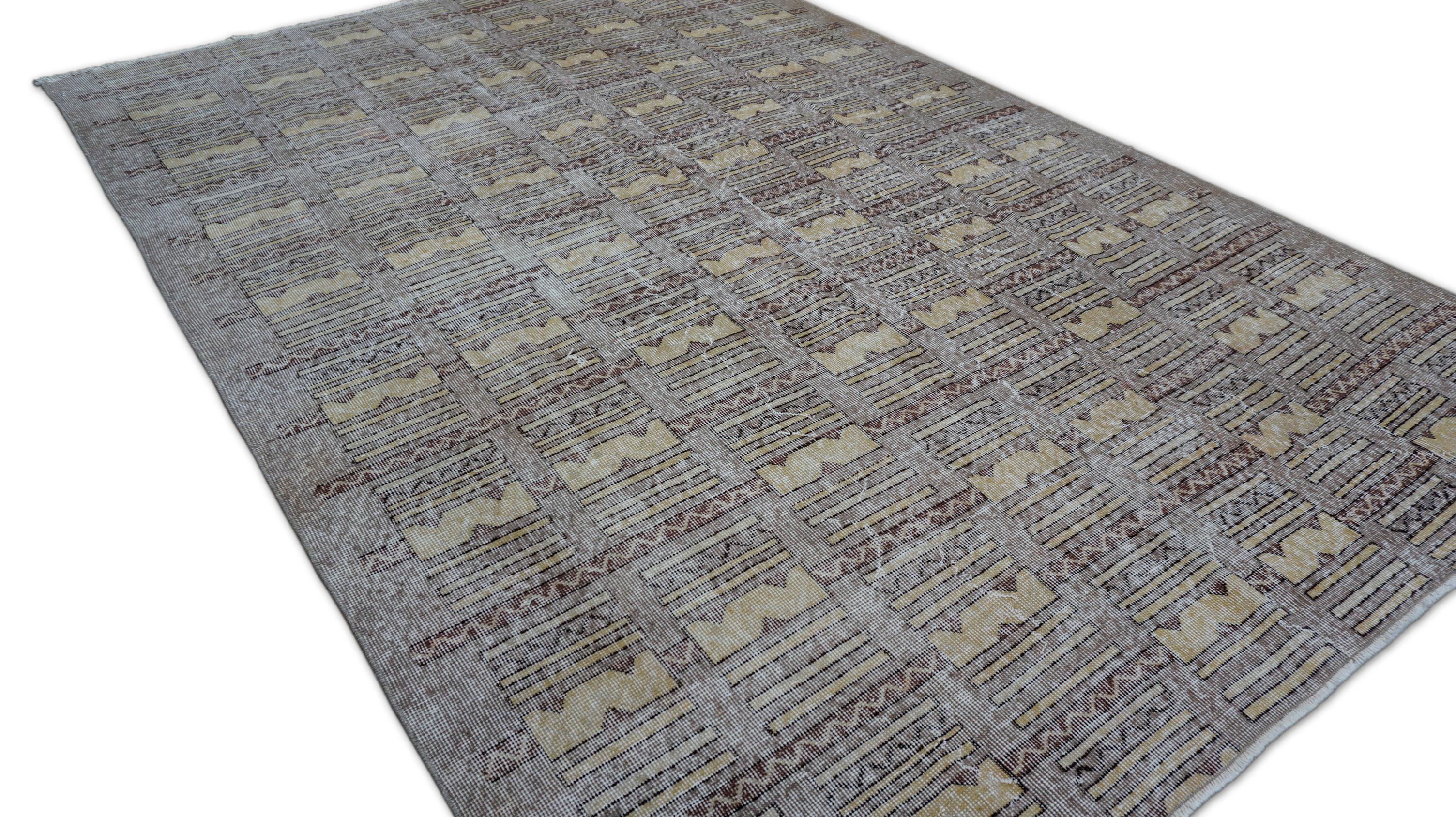 Turc Tapis Art Déco Zeki Muren style mi-siècle vintage en laine 6'1''x8'10'' en vente