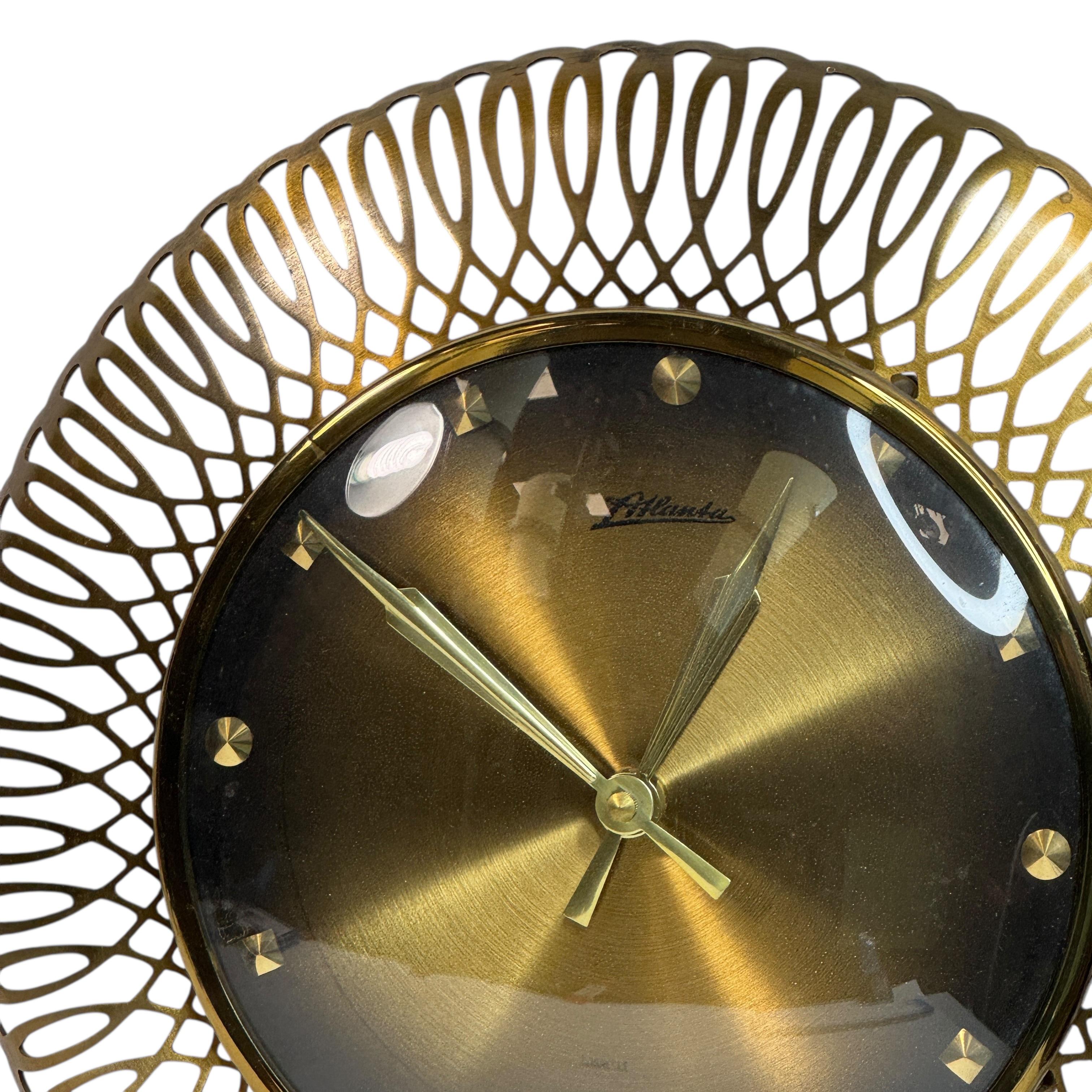 Mid-Century Modern Vintage Mid-Century Atlanta Sunburst Starburst Brass Wall Clock For Sale