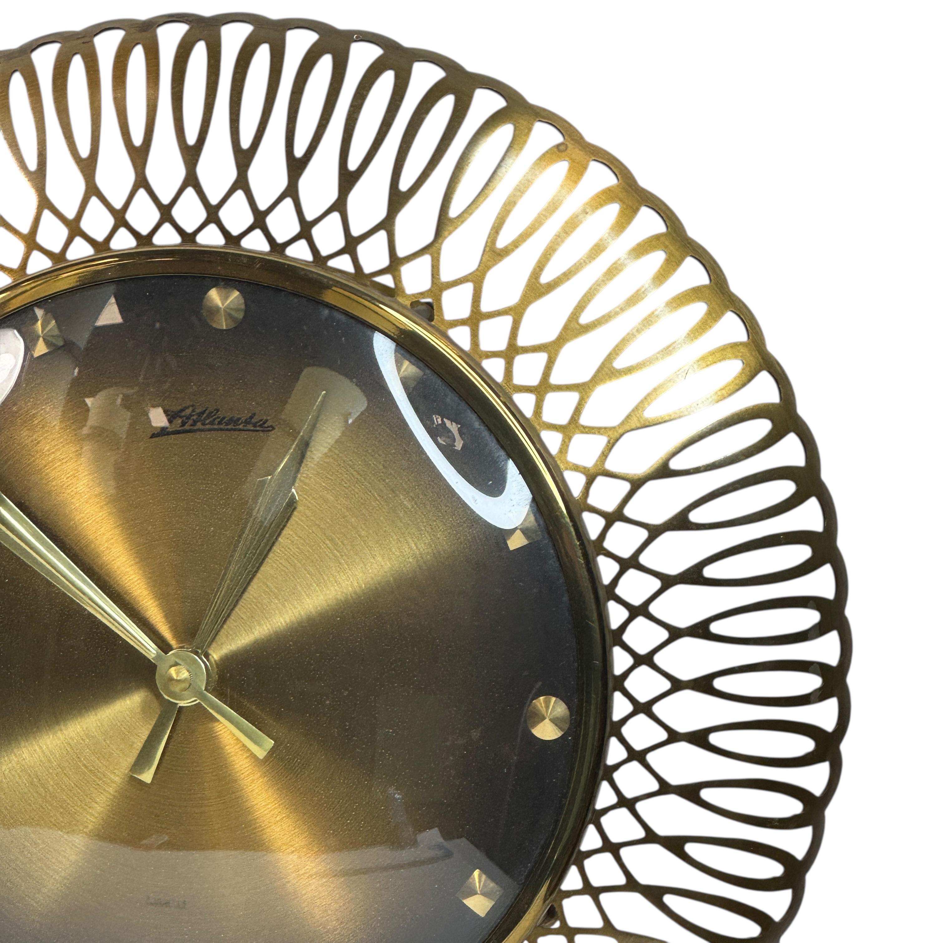 German Vintage Mid-Century Atlanta Sunburst Starburst Brass Wall Clock For Sale