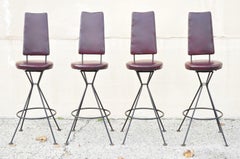 Vintage Mid-Century Atomic Era Wrought Iron Burgundy Vinyl Swivel Bar Stools, 4