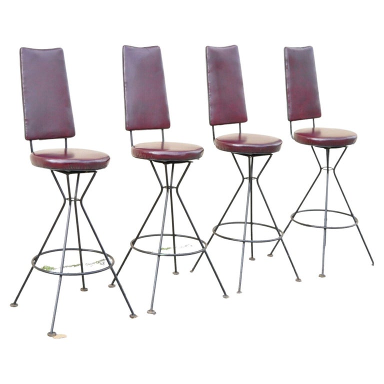 Vintage MidCentury Atomic Era Wrought Iron Burgundy Vinyl Swivel Bar