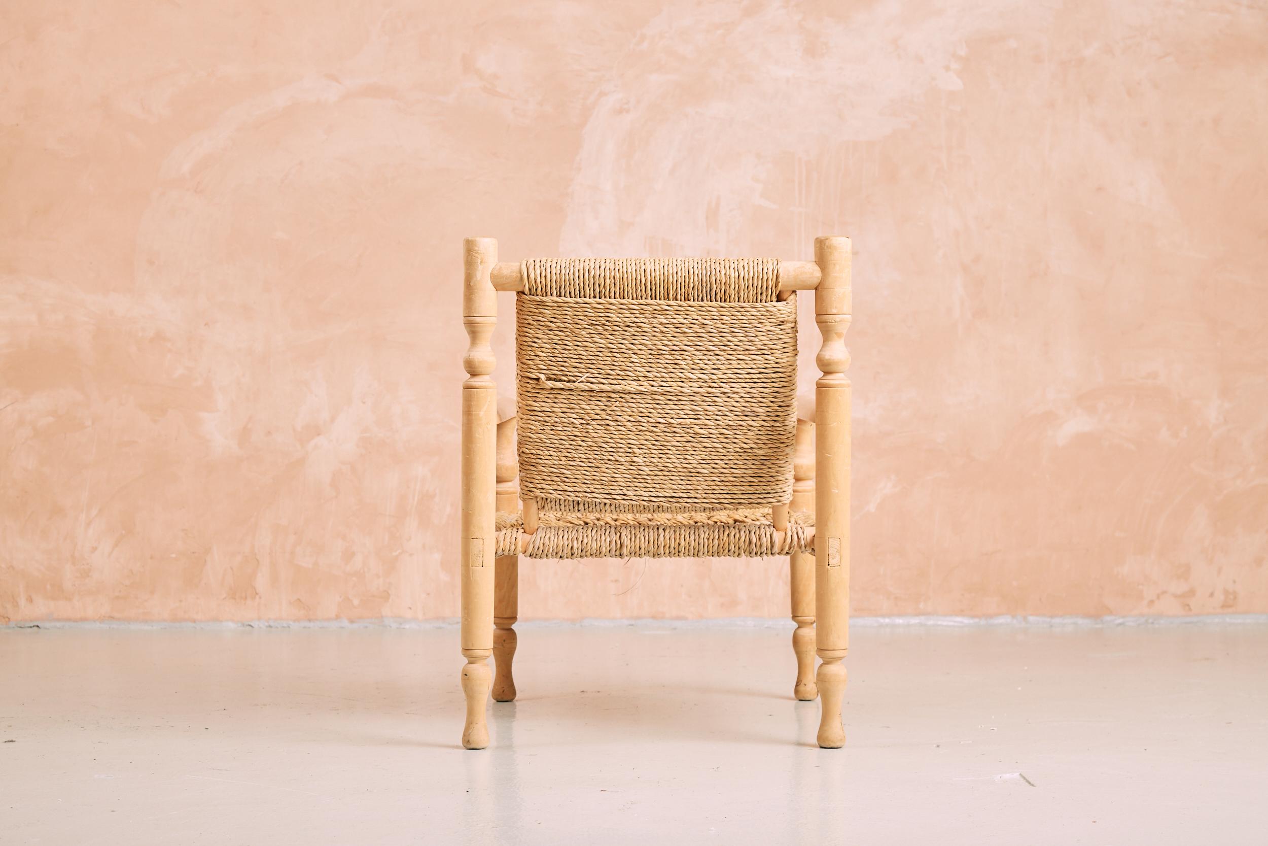 Hand-Woven Vintage Mid Century Audoux Minet French Wicker and Pine Armchair  For Sale