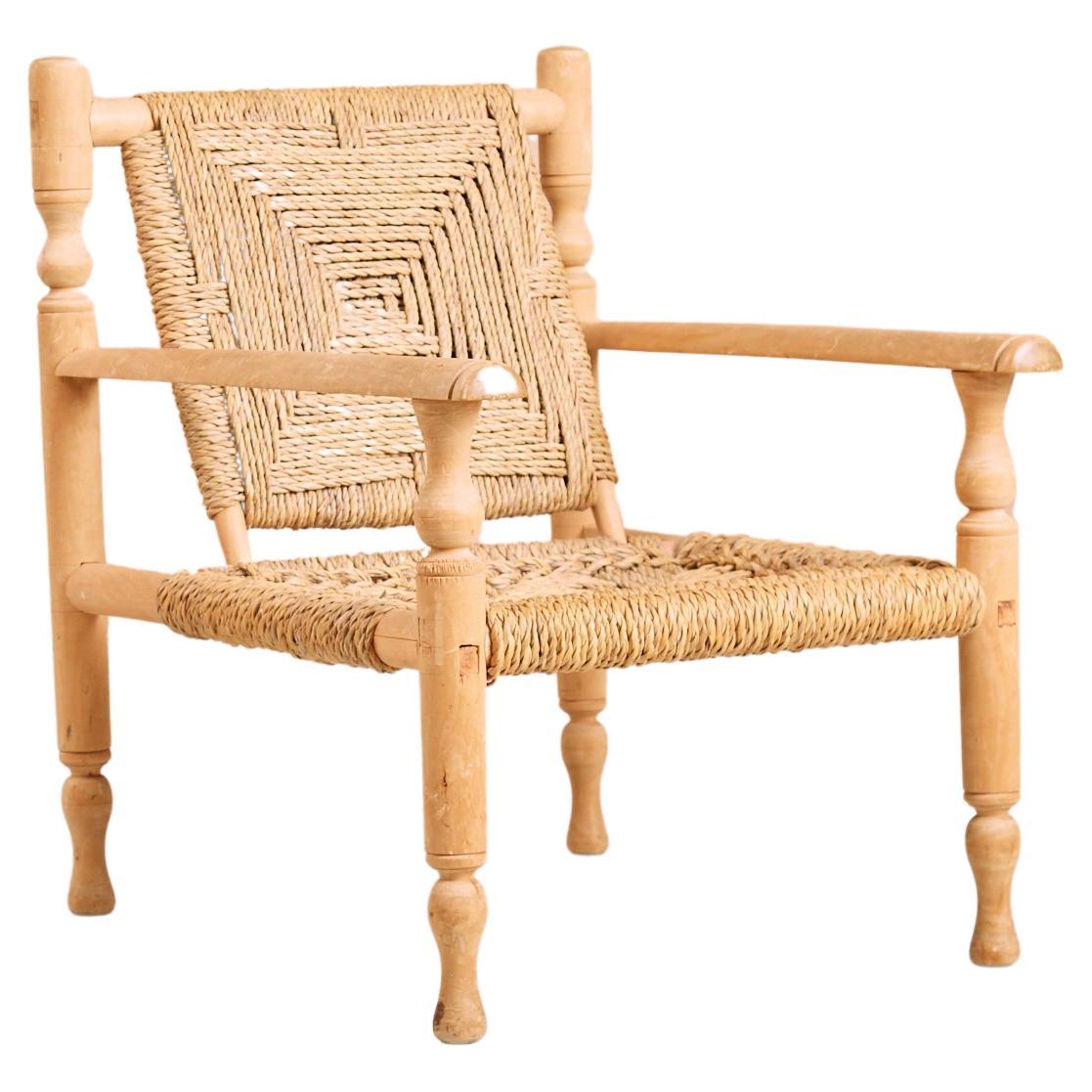 Vintage Mid Century Audoux Minet French Wicker and Pine Armchair 