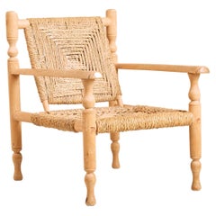 Antique Mid Century Audoux Minet French Wicker and Pine Armchair 