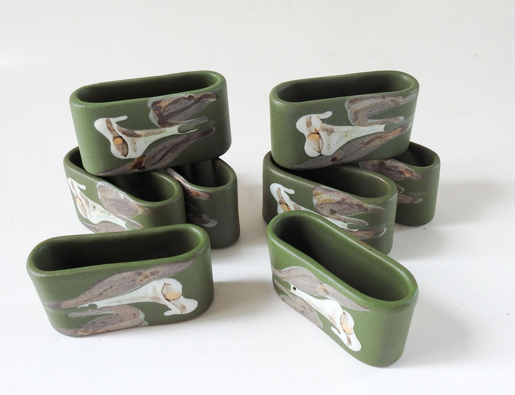 Mexican Vintage Mid Century Avalos Pottery Calla Lily Napkin Rings Set of 8