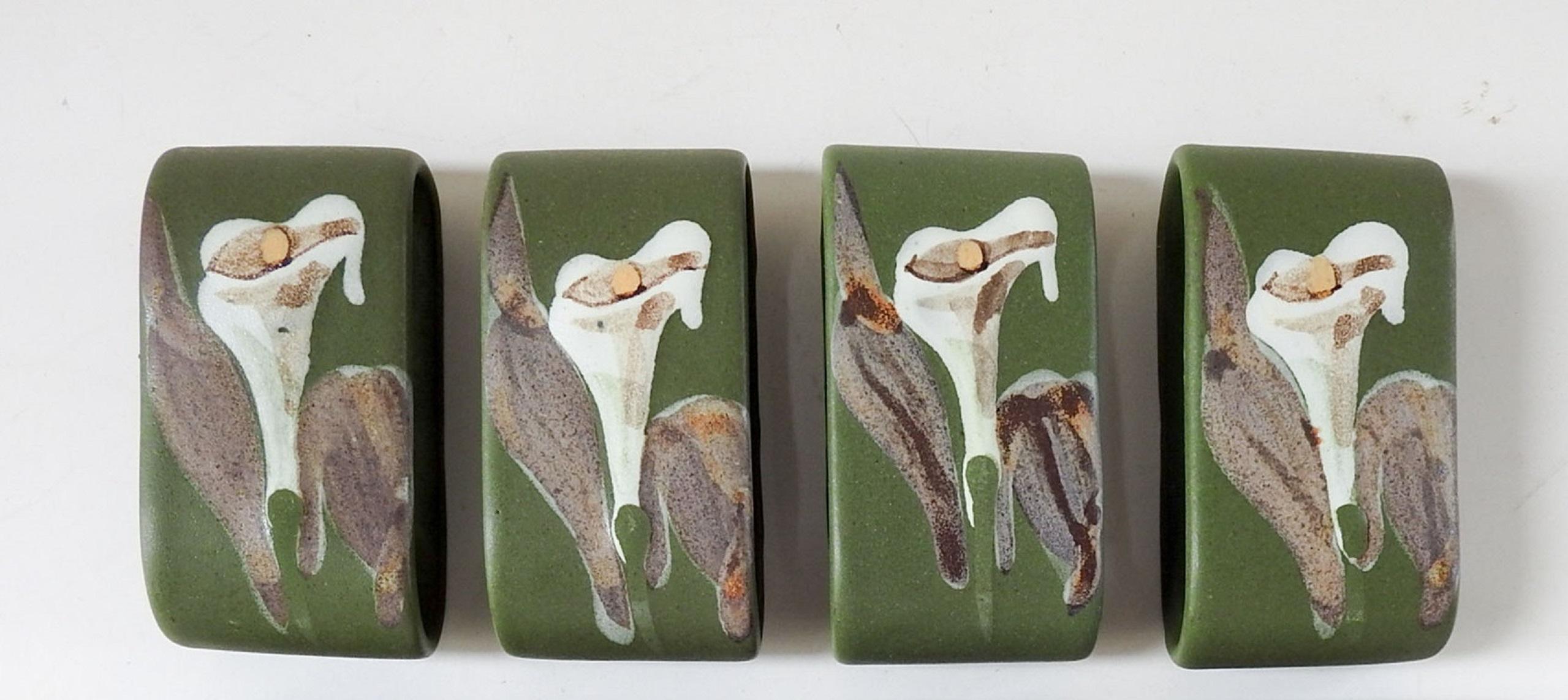 Vintage Mid Century Avalos Pottery Calla Lily Napkin Rings Set of 8 In Good Condition In Seguin, TX