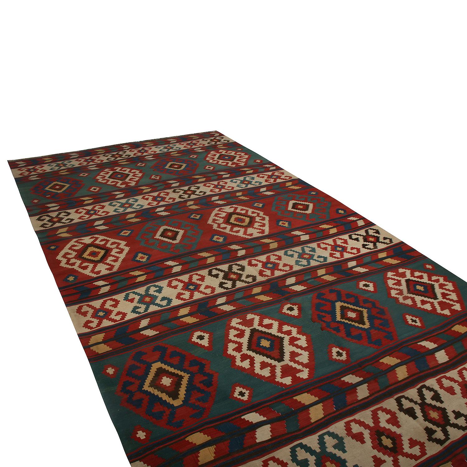Hand knotted in Turkey originating between 1950-1960, this vintage midcentury 6 x 11 wool Kilim enjoys a design reminiscent of many patterns from neighboring Azerbaijan, enjoying rarity and distinction in its traditional and whimsical colors with