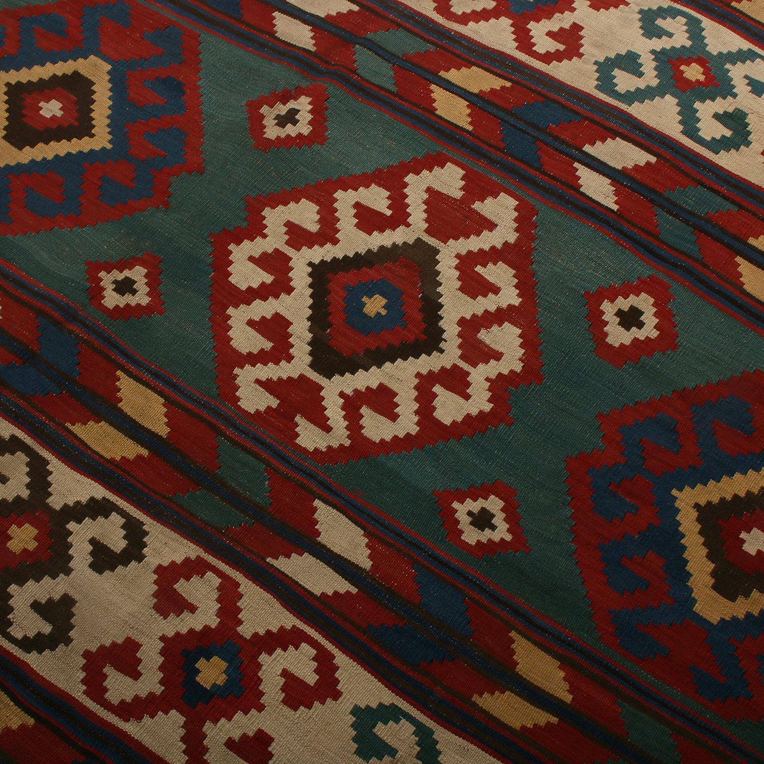 Turkish Vintage Mid-Century Azerbaijan Green and Red Wool Kilim Rug Beige by Rug & Kilim For Sale