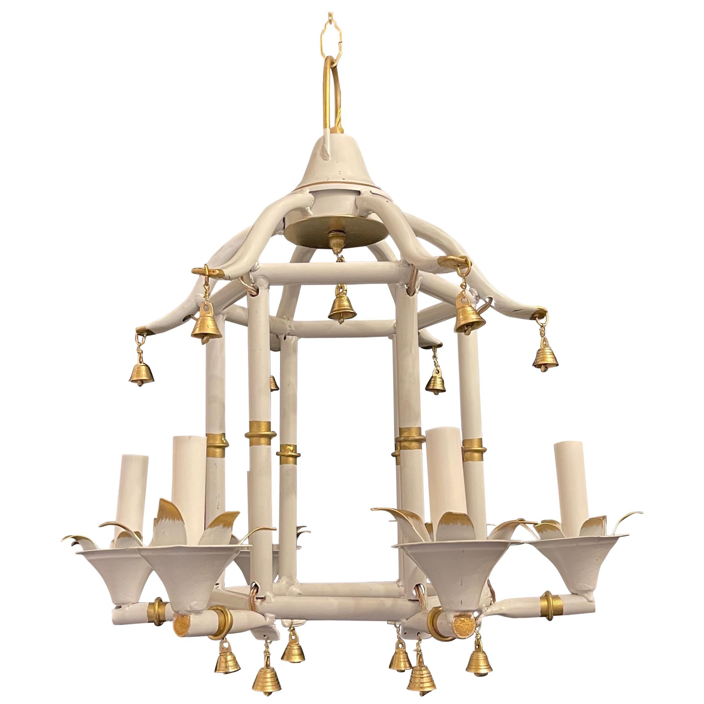 Vintage Mid-Century Bagues Jansen Pagoda Tole Gilt Bamboo Chinoiserie Chandelier