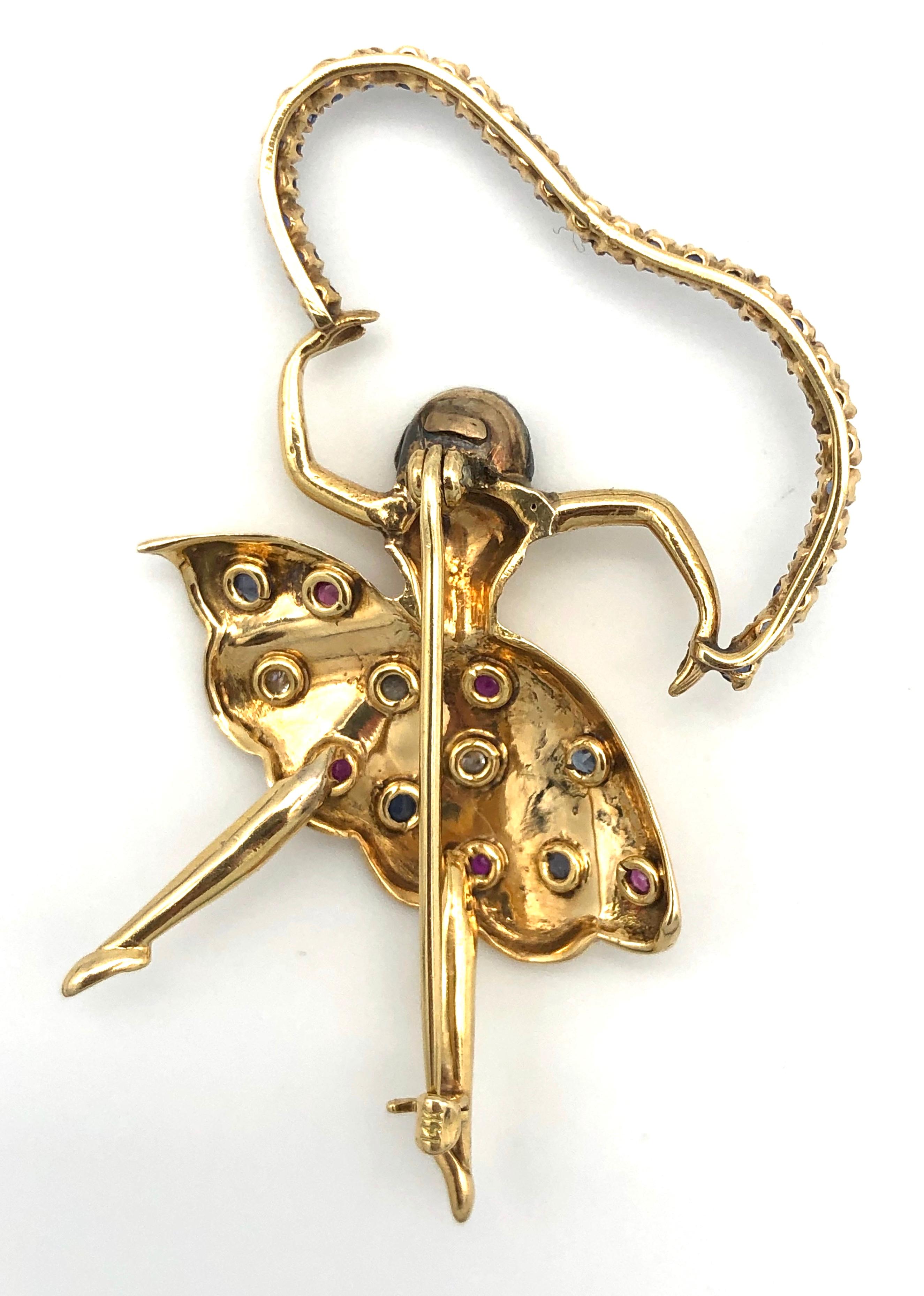 Vintage de mediados de siglo  Broche Bailarina Oro 18 K Rubí Zafiro Diamante De la posguerra en venta