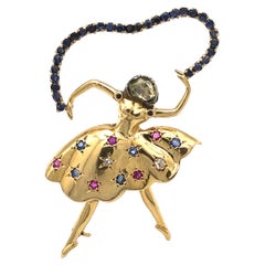 Vintage Mid-Century Ballerina Dancer Brooch 18K Gold Ruby Sapphire Diamond