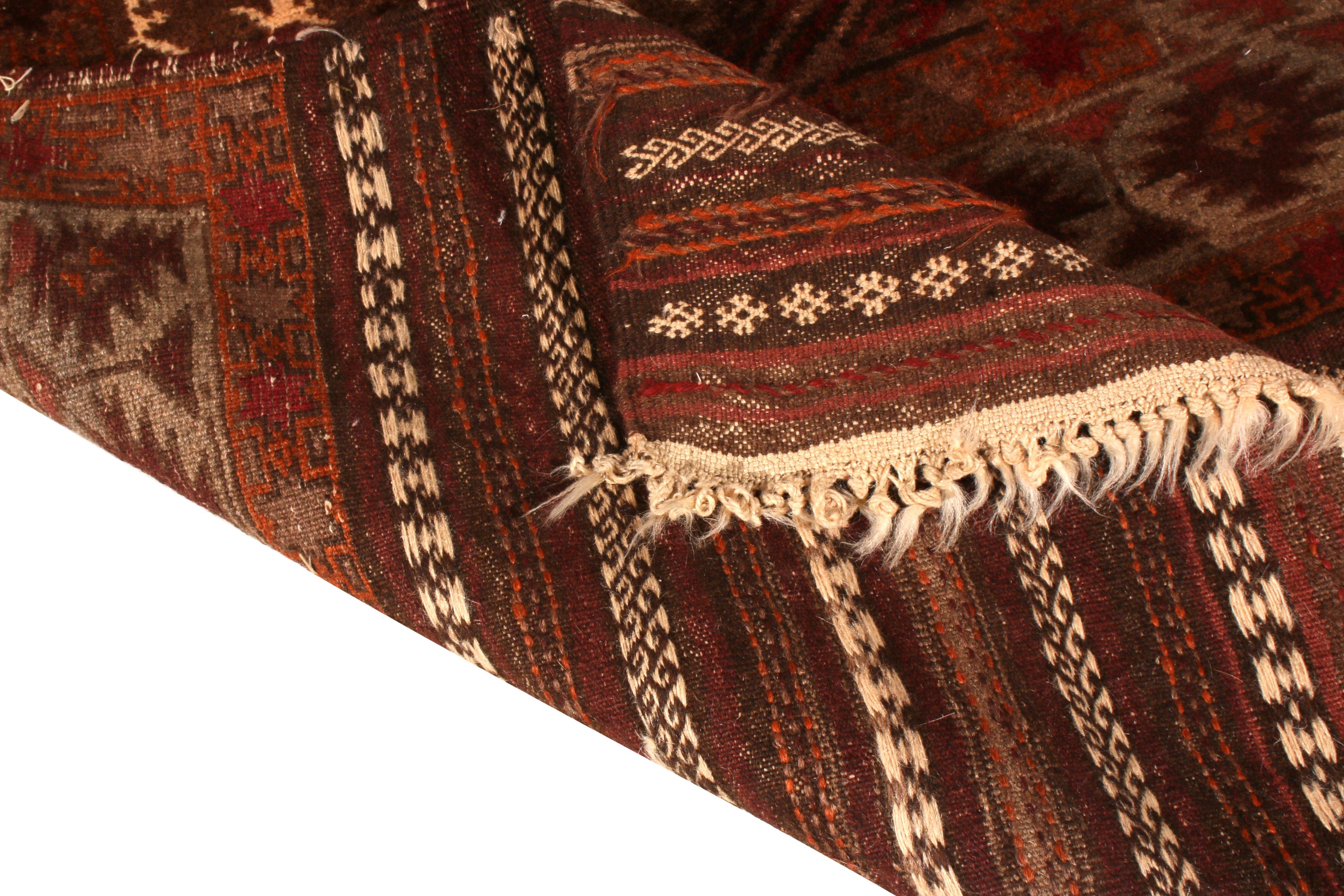 Hand-Knotted Vintage Midcentury Baluch Brown and Red Wool Persian Rug by Rug & Kilim