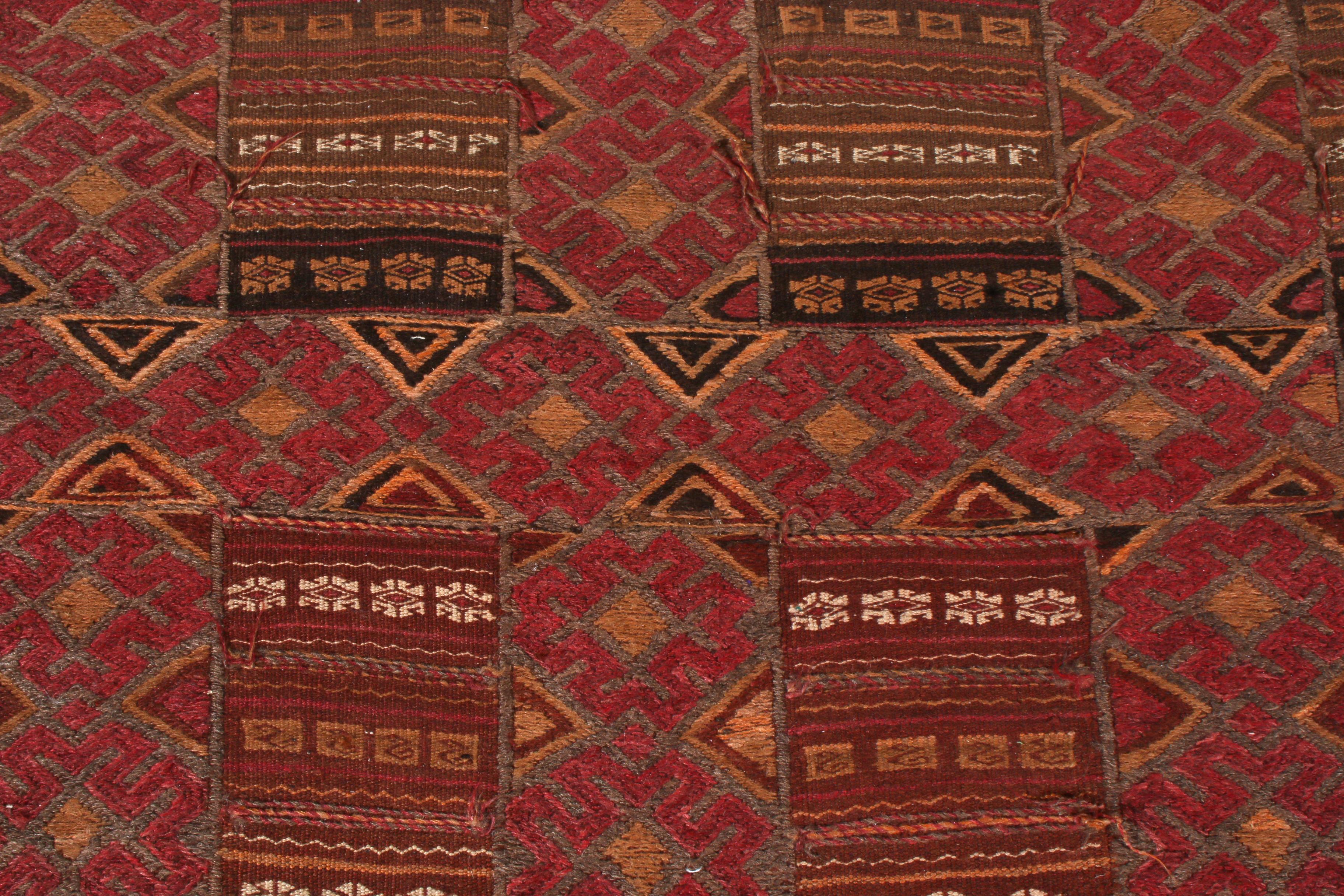 Hand-Knotted Vintage Midcentury Baluch Geometric Red & Brown Persian Wool Rug by Rug & Kilim For Sale