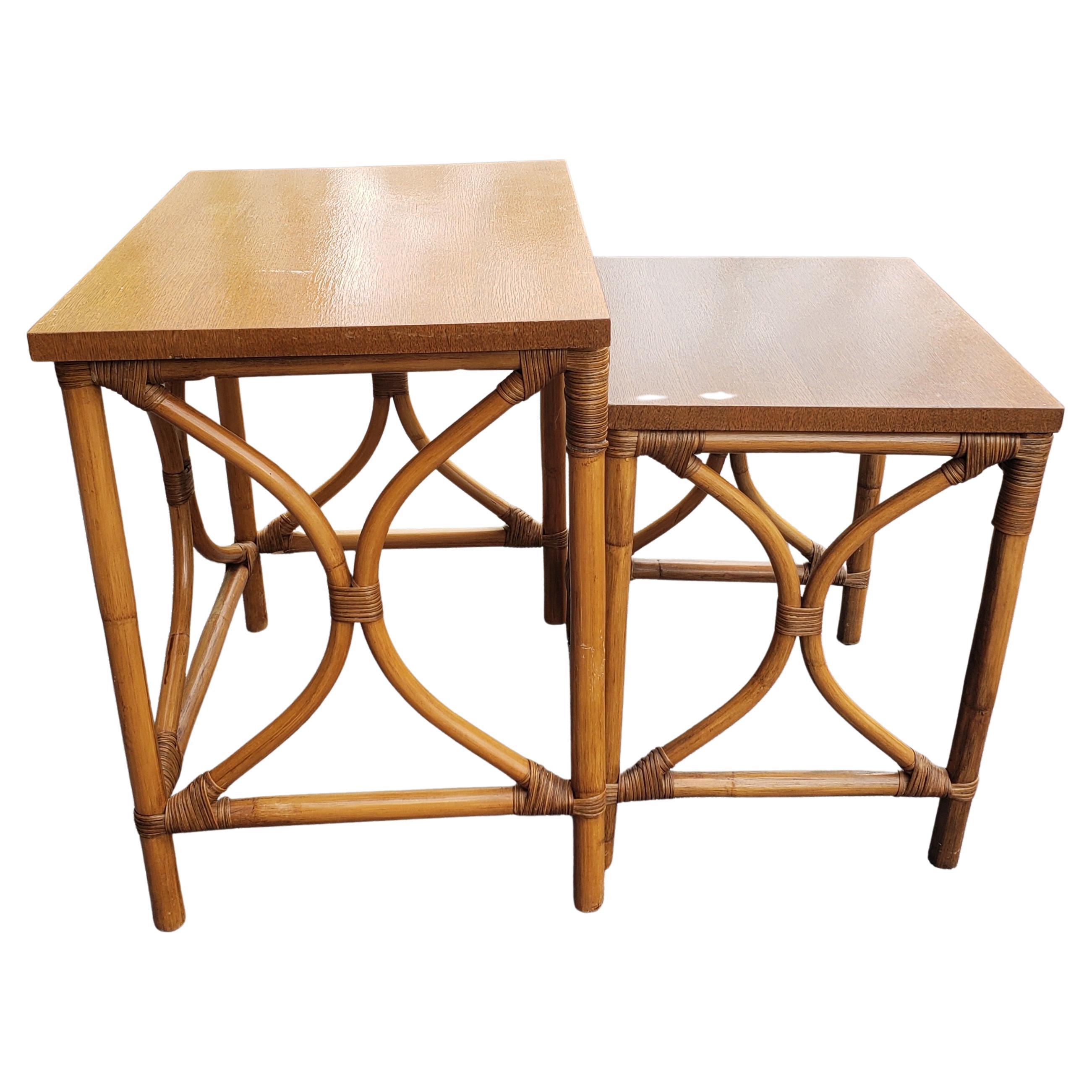 Mid-Century Modern Vintage Mid-Century Bamboo Rattan Nesting Tables, a Pair For Sale