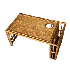 Vintage Mid Century Bamboo & Woven Rattan Bed Breakfast Tray with Cup Holder